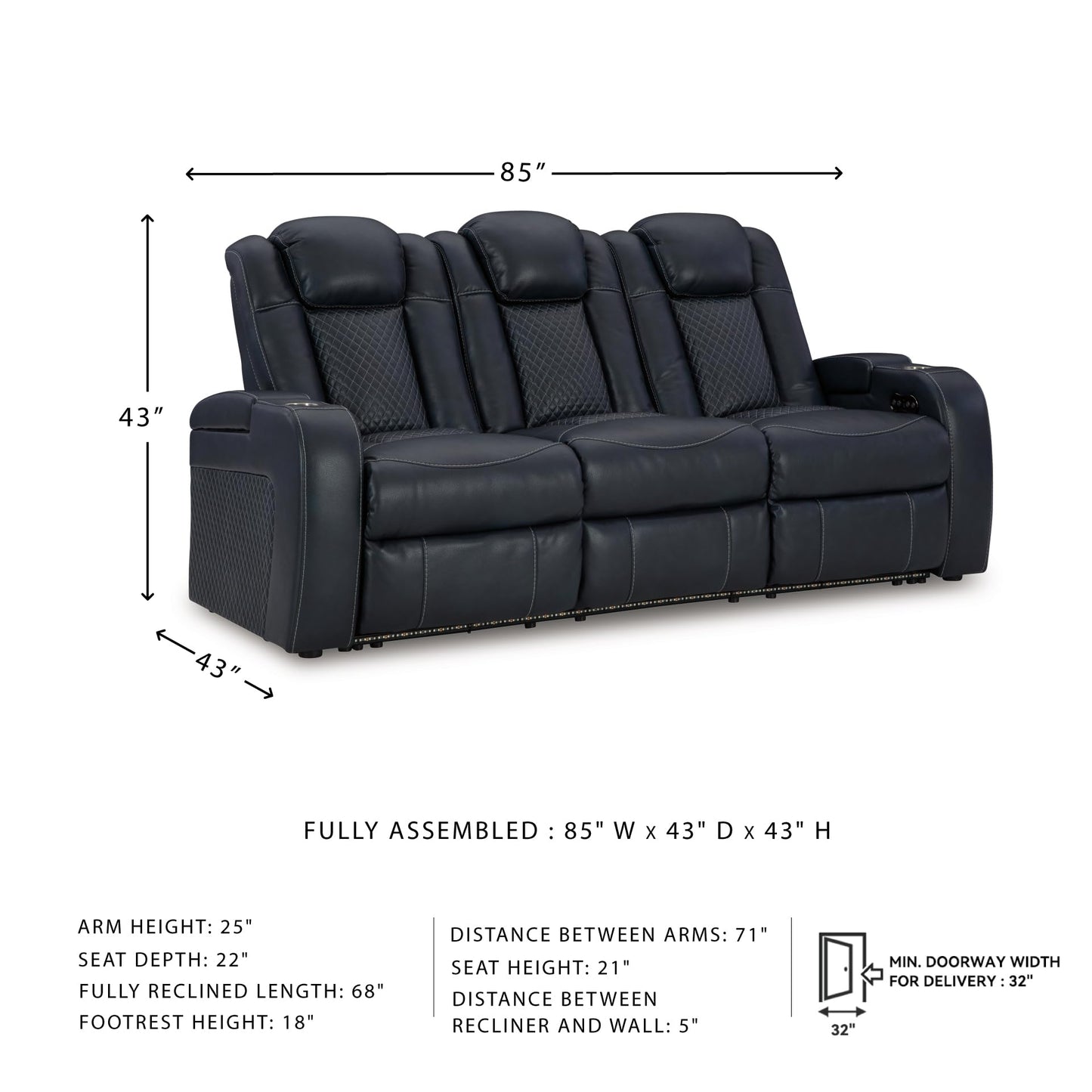 Signature Design by Ashley Fyne-Dyme Contemporary Power Reclining Sofa with USB Charging Ports and Adjustable Headrest, Blue
