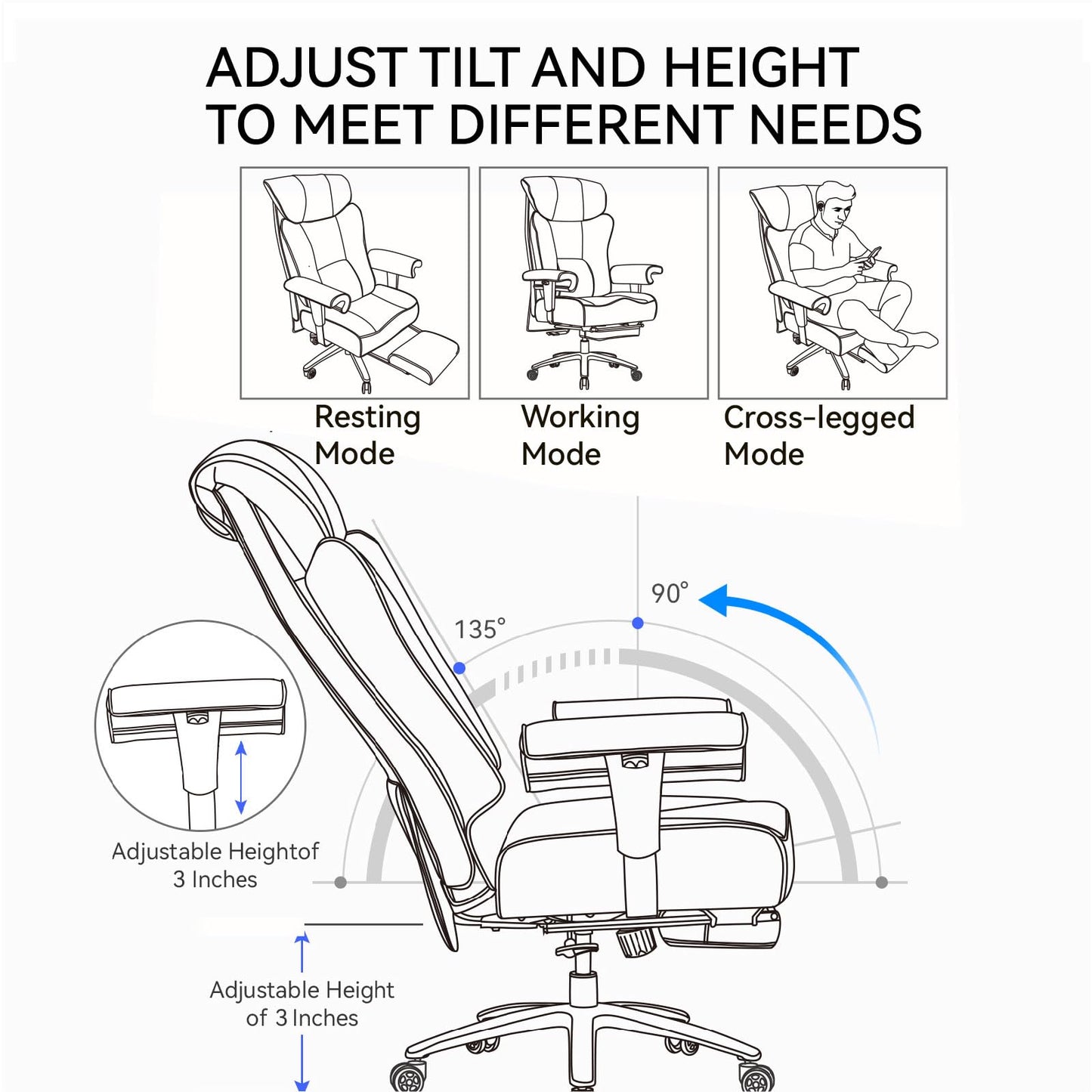 Efomao Big and Tall Office Chair 450LBS with Foot Rest, High Back PU Leather Executive Office Chair with Adjustable Padded Armrests, Lumbar Support for Home or Work, Heavy Duty Computer Chair, White