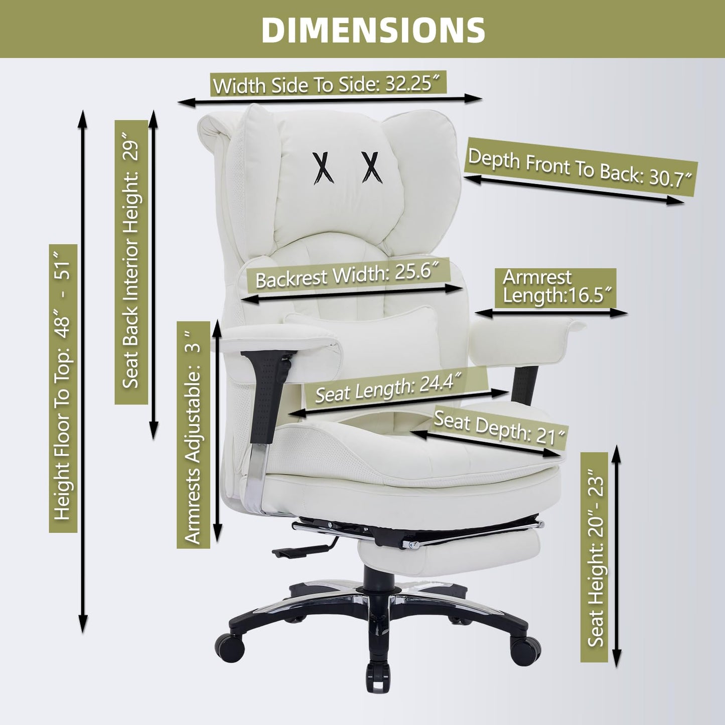 Efomao White Big and Tall Office Chair with Footrest – Ergonomic High-Back Computer Chair with Adjustable Armrests, Wide Seat – Modern Home Office, Gaming & Study Chair for Young Professionals