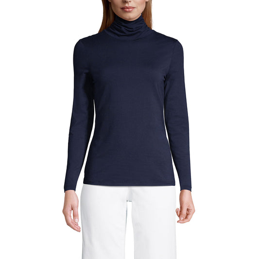 Lands' End Womens Long Sleeve Shaped LWCM Turtleneck Radiant Navy Tall Medium