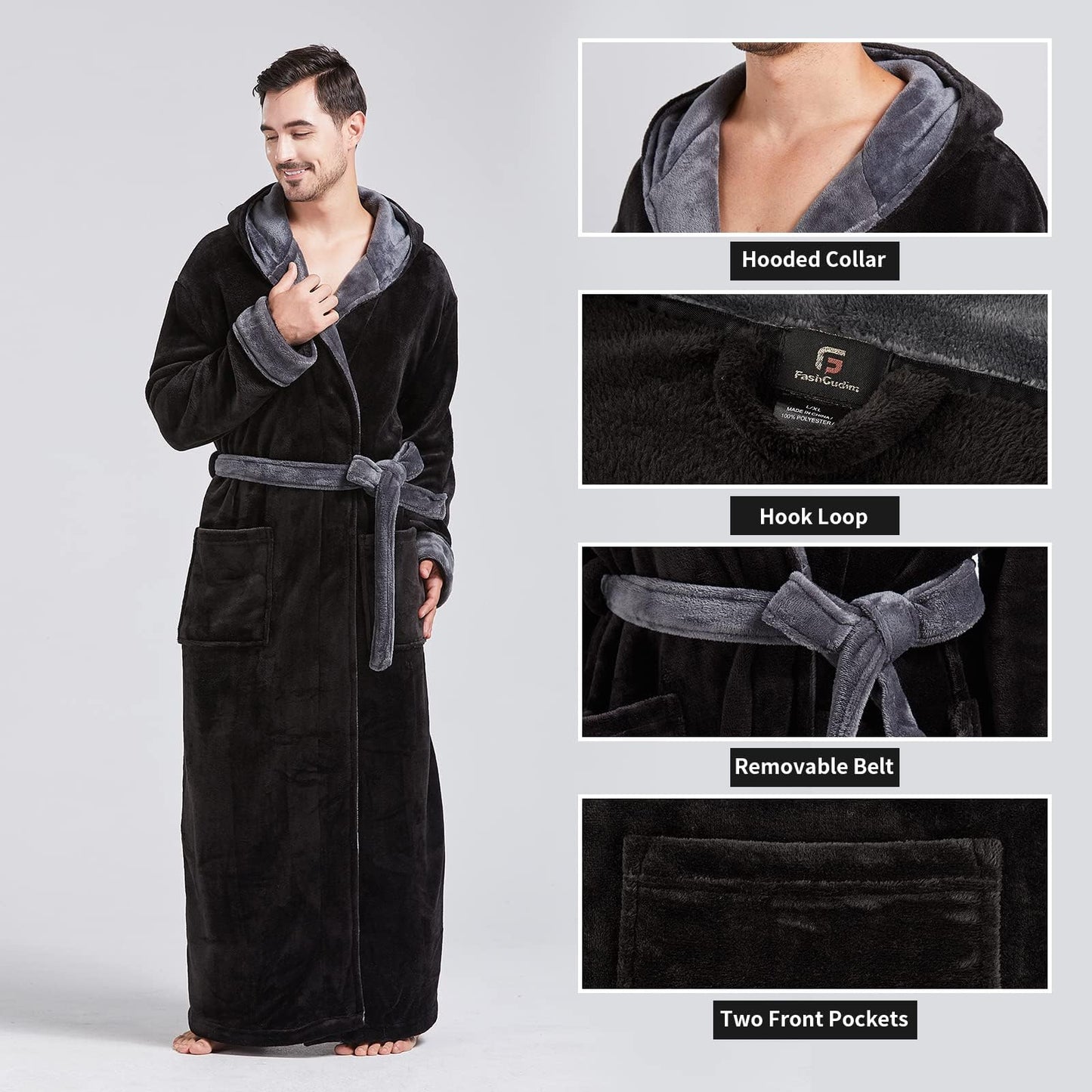 FashGudim Mens Robes Big and Tall with Hood Two-Tone Flannel Fleece Contrast Bathrobe Full Length Plush Long Robe Warm House Coat (Black & Grey, S/M)