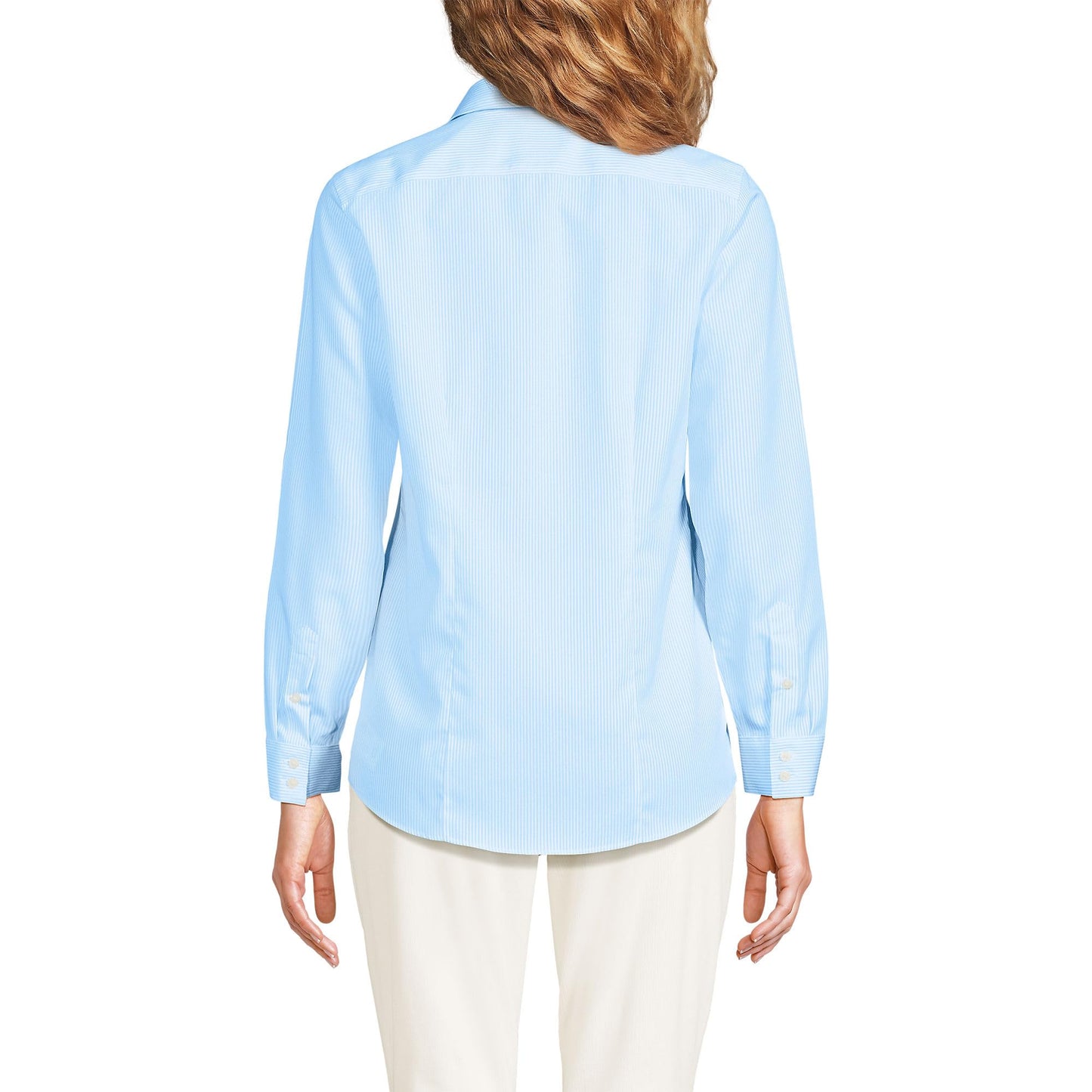 Lands' End Womens LS No Iron Button Front Shirt Bermuda Blue Mini Stripe Tall 14