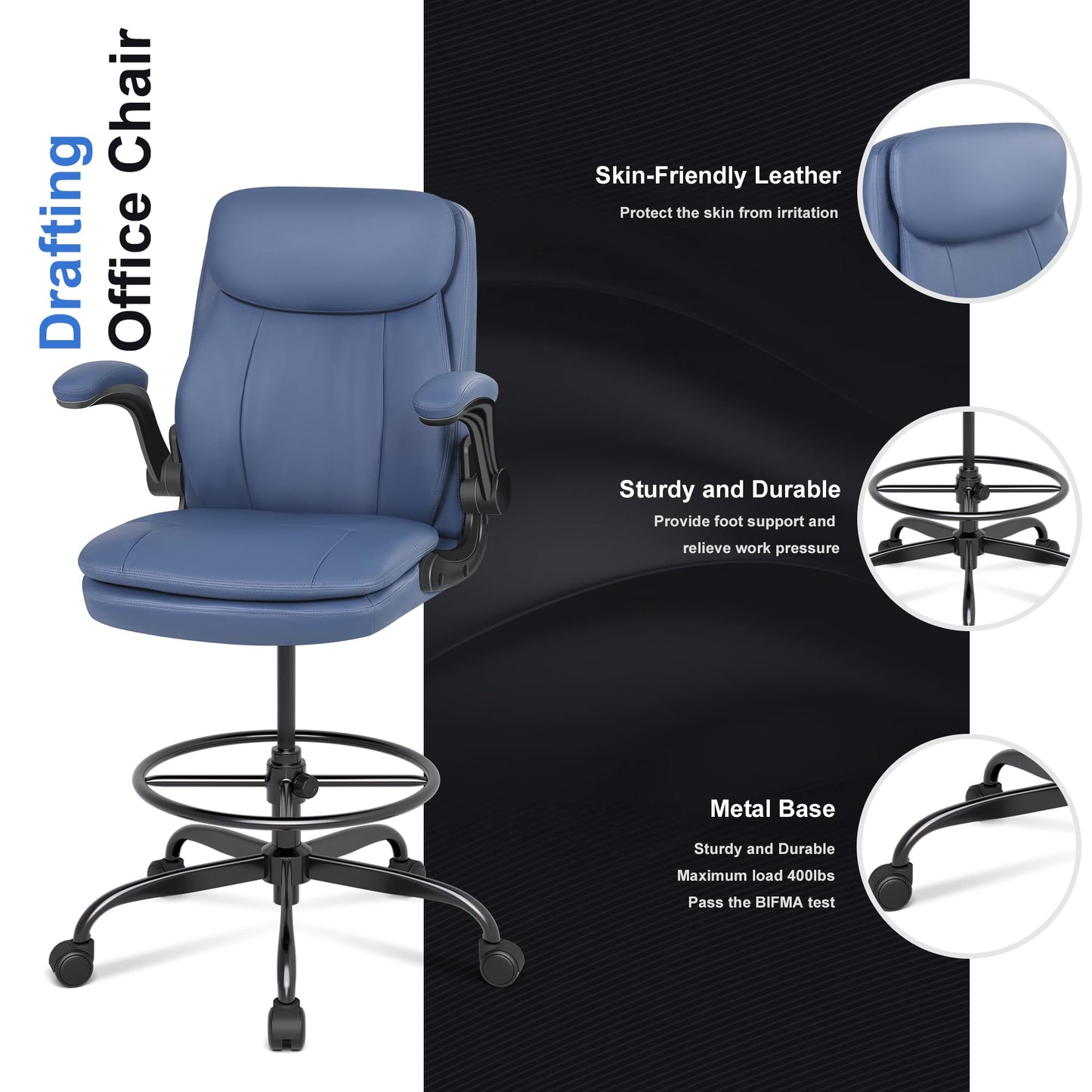 Misolant Leather Drafting Chair, Tall Office Chair for Standing Desk, High Executive Office Chair with Adjustable Height and Flip-up Armrest for Counter Height Desk