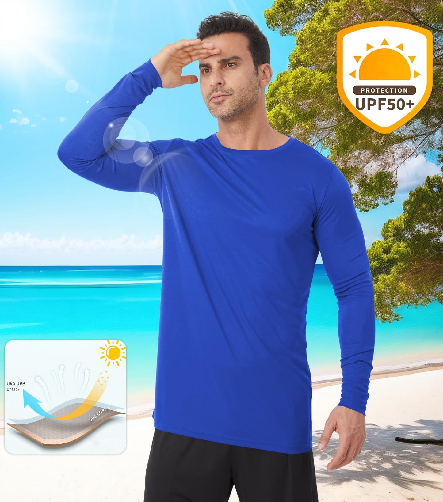 Men's Tall Rash Guard Long Sleeve T Shirts - UPF 50+ Sun Protection Tee Shirt for Fishing, Swim, Hiking Blue