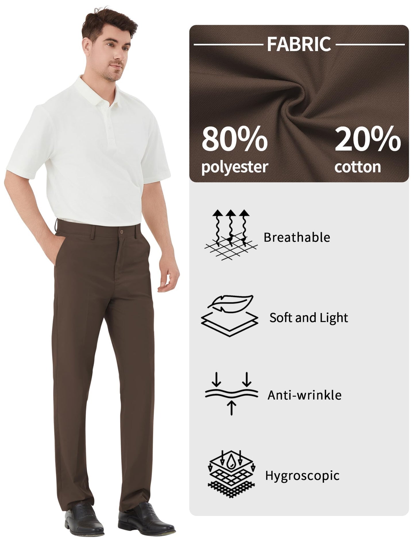 Men's Tall Classic Fit Flex Flat Front Dress Pants Formal Pants for Business & Office Brown