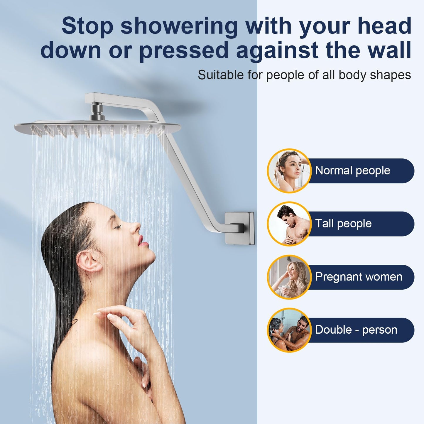 Square Shower Head Extension Arm with Flange, 16.5 Inch Z/S Shaped High Rise Shower Pipe Extender Wall-Mounted for Fixed Bathroom, Shower Head Goose Neck Arm - Extra Long Thread (Brushed Nickle)