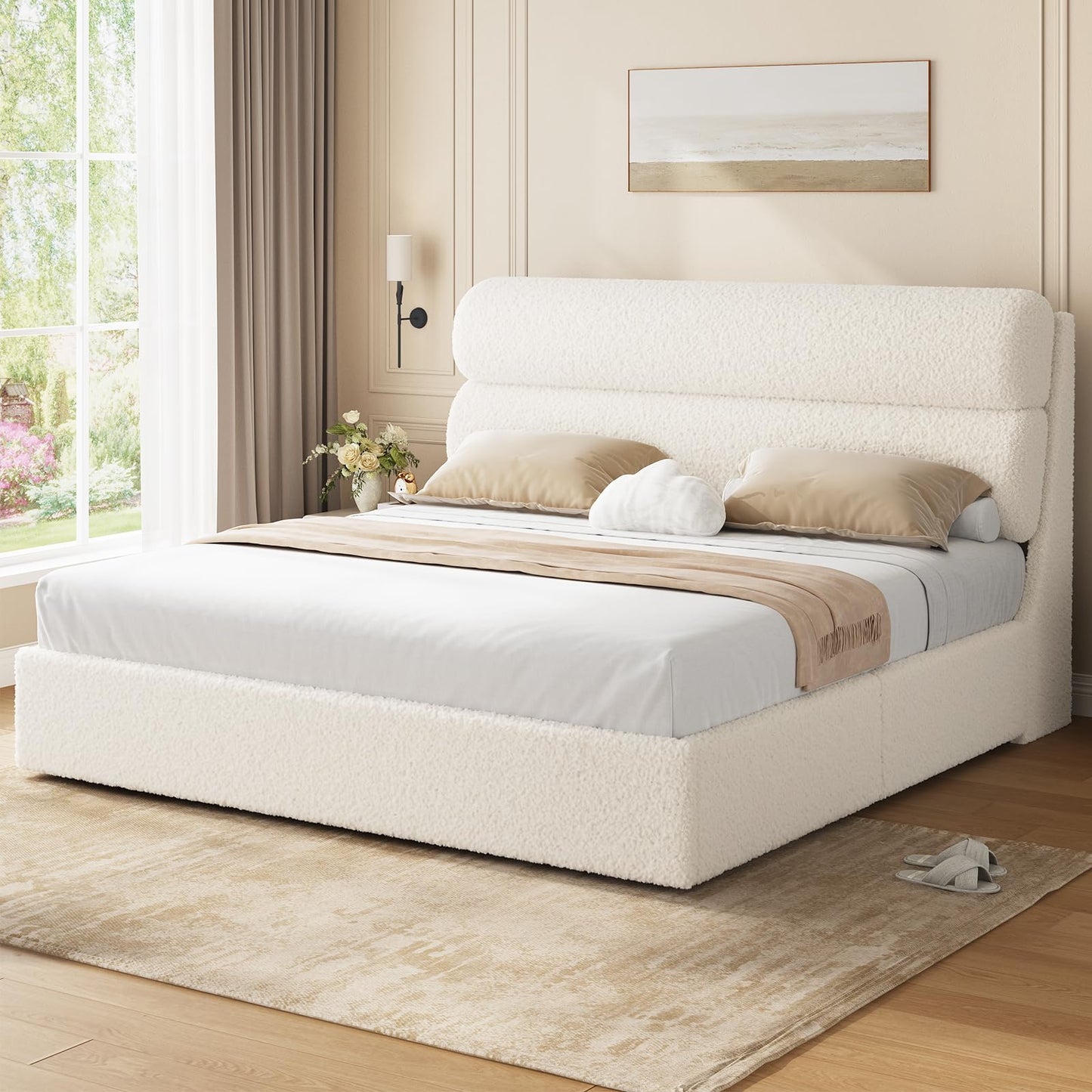 DICTAC California King Boucle Bed Frame with Headboard, Upholstered Platform Bed with Wood Slats, Soft Cloud Bed with Solid Wood Legs, No Box Spring Required, Easy Assembly, Cream