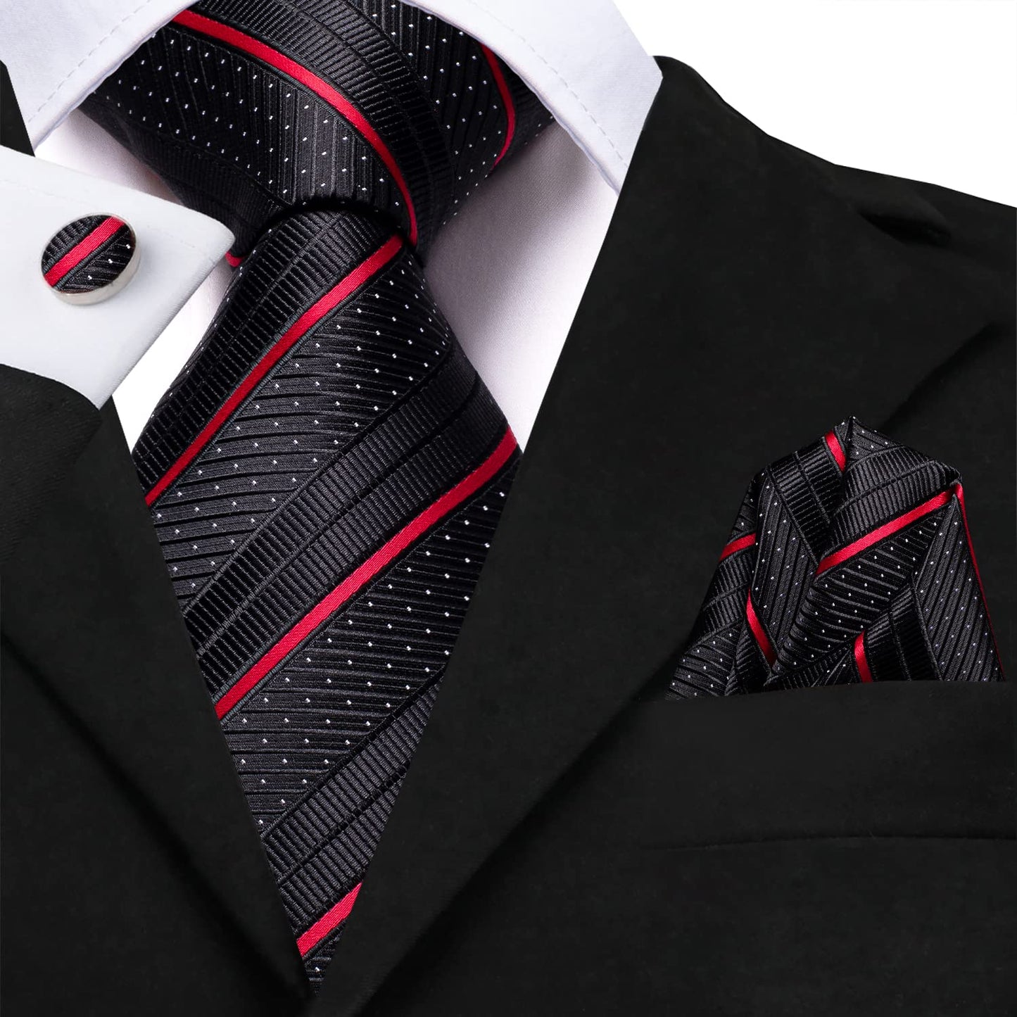 Hi-Tie Black and Red Ties for Men Silk 70''Extra long Mens Ties Set and Pocket Square Cufflinks Dress Necktie for Wedding