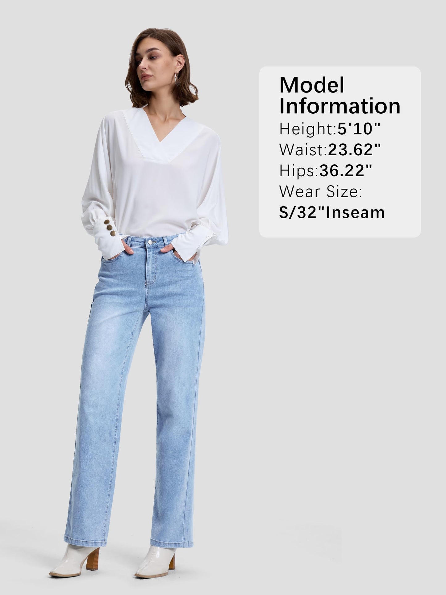 SEVEGO Women's 32"/34"/36" Tall Straight Leg Jeans Mid Waisted Stretchy Loose Denim Pants Casual Baggy Jean Trousers 36'', Light Blue, L