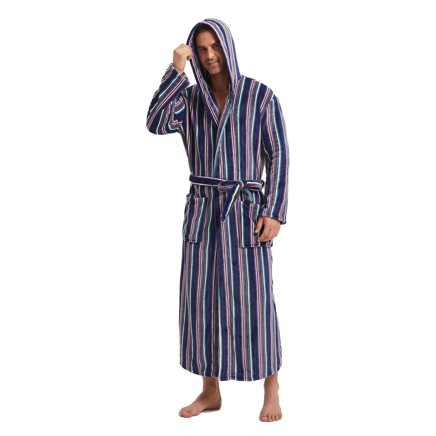FashGudim mens big and tall robe long full length camo robe with hood for tall men warm plush house robes Fleece Bathrobes (Blue Stripe, XXXL)