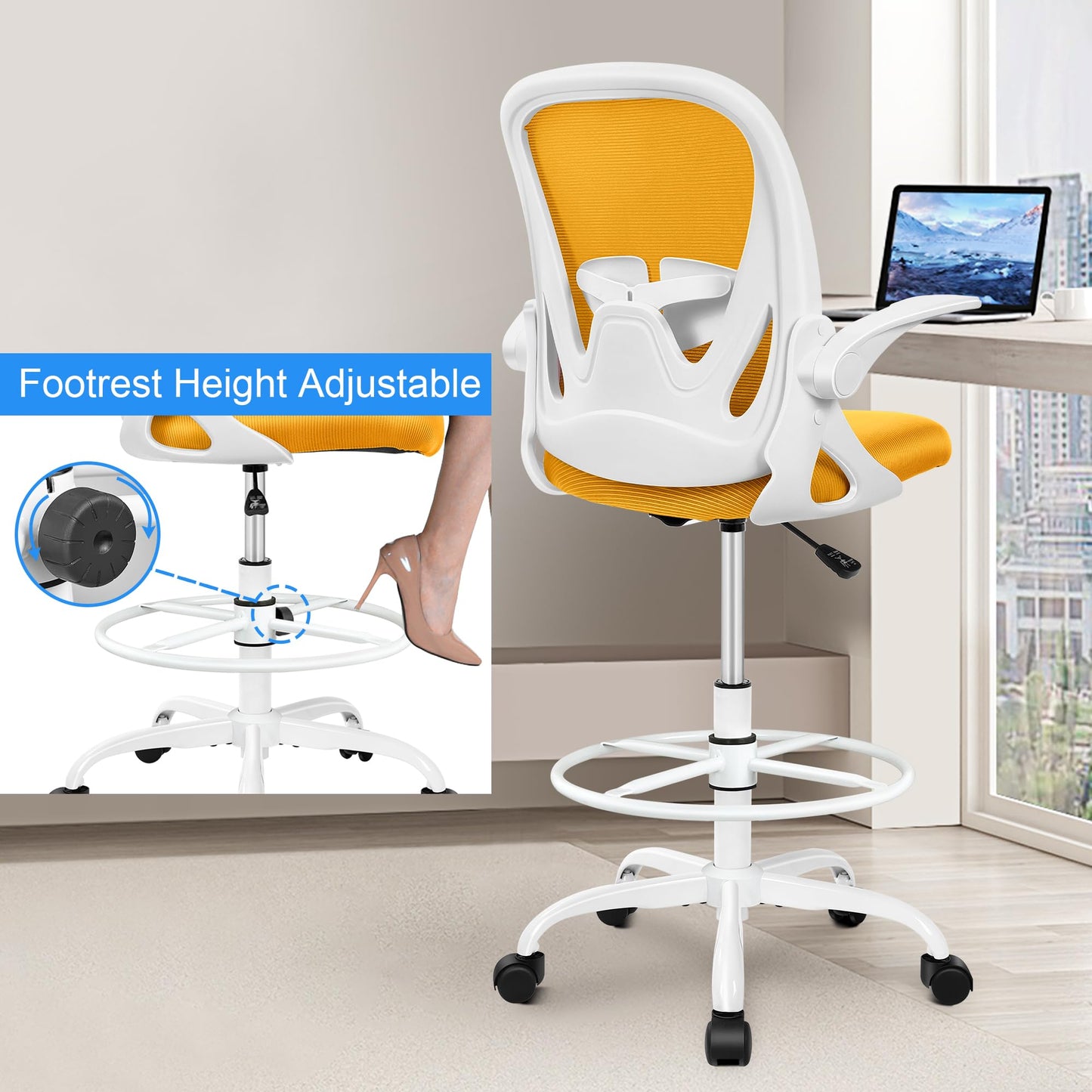 Primy Drafting Chair Tall Office Chair with Flip-up Armrests Executive Ergonomic Computer Standing Desk Chair with Lumbar Support and Adjustable Footrest Ring (Mustard)