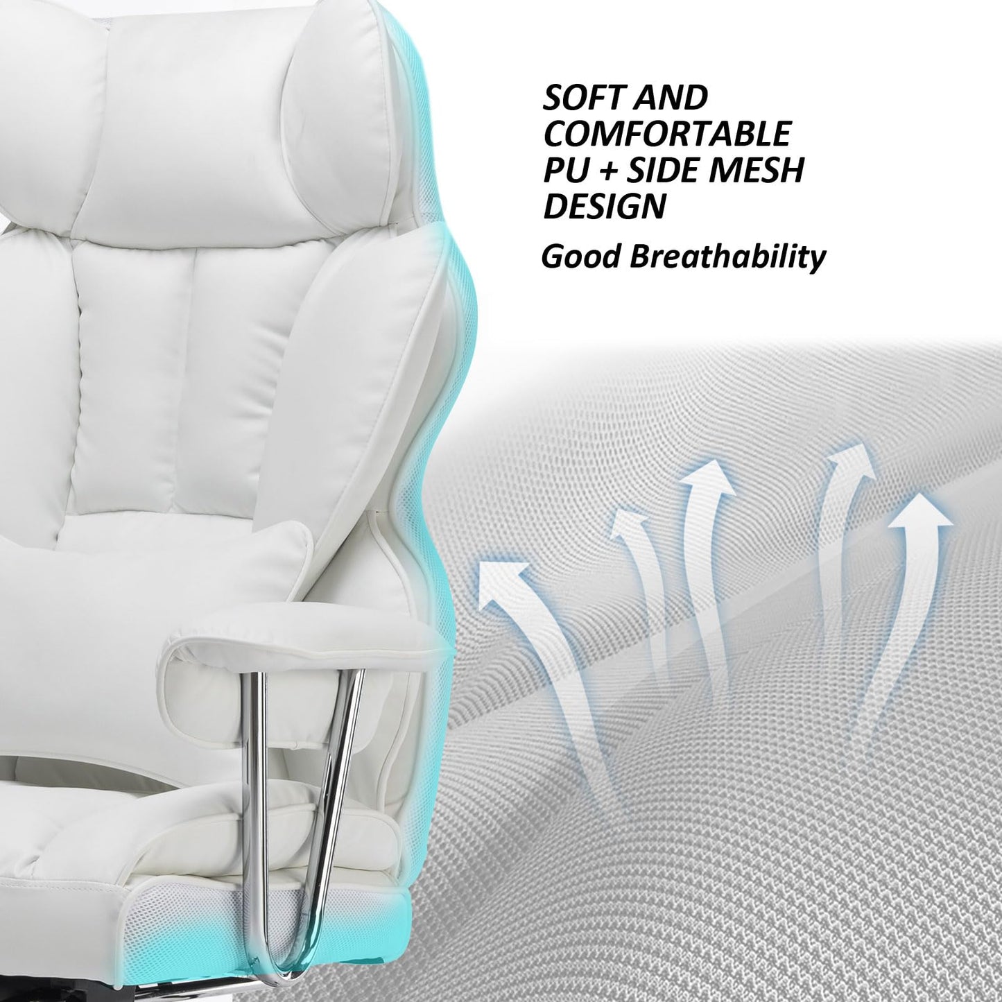 Efomao Big and Tall Office Chair 400lbs – High Back PU Leather Executive Chair with Lumbar Support, Footrest, Swivel Base, Padded Armrests, and Rolling Wheels for Home Office, White Computer Chair