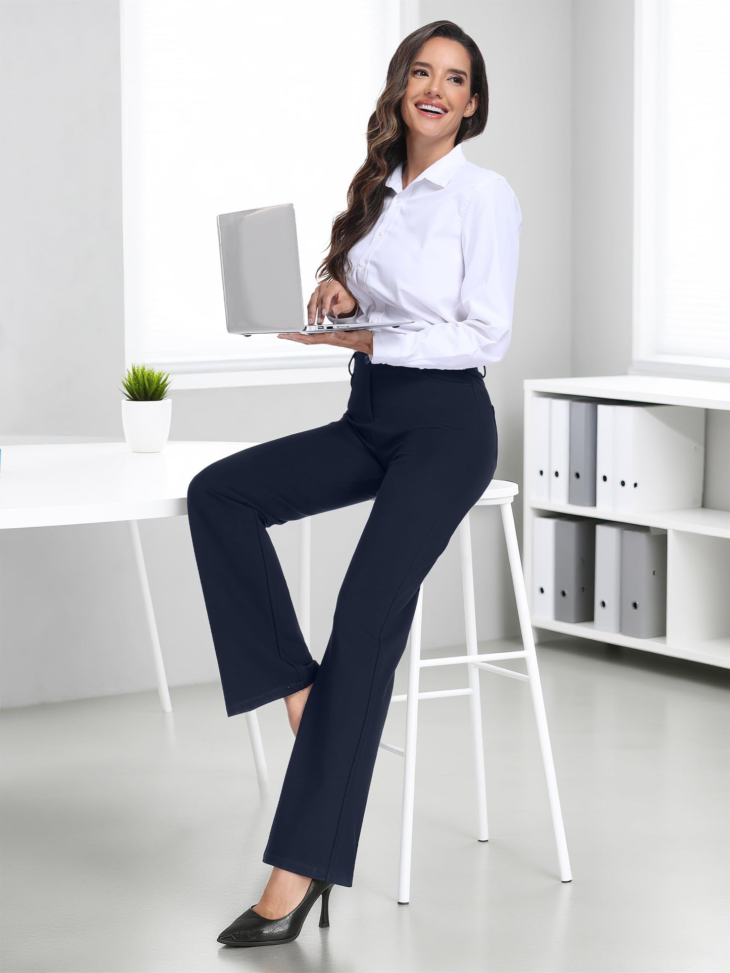 Tallemon Tall Womens 36" Inseam Boot Cut Dress Yoga Trousers Dress Pull On Belt Loops 4 Pockets Suit Work Pants, Navy Blue, XXL
