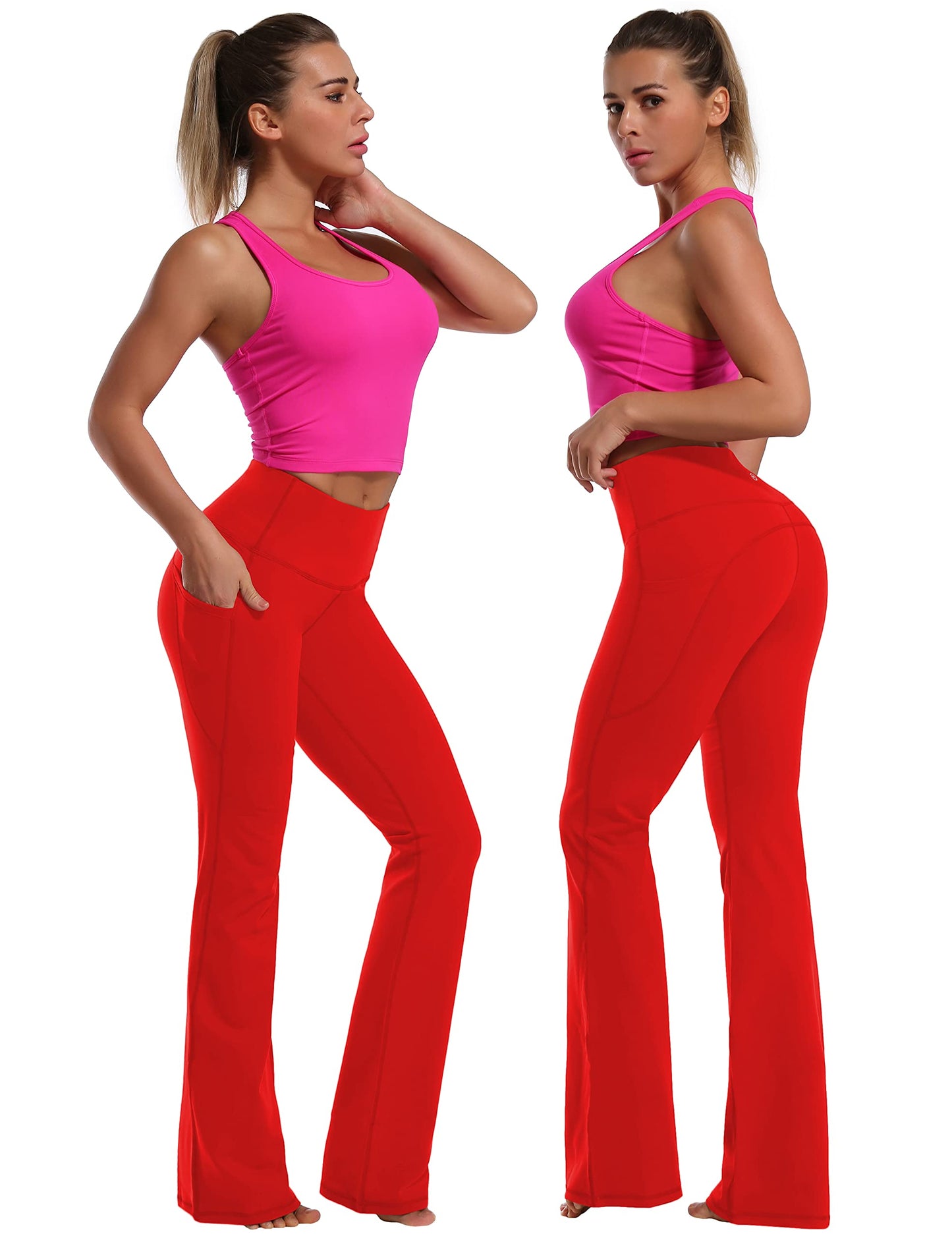 BUBBLELIME 29"/31"/33"/35" 4 Styles Women's Bootcut Yoga Pants Tummy Control - Side Pockets_Scarlet S_35" Inseam