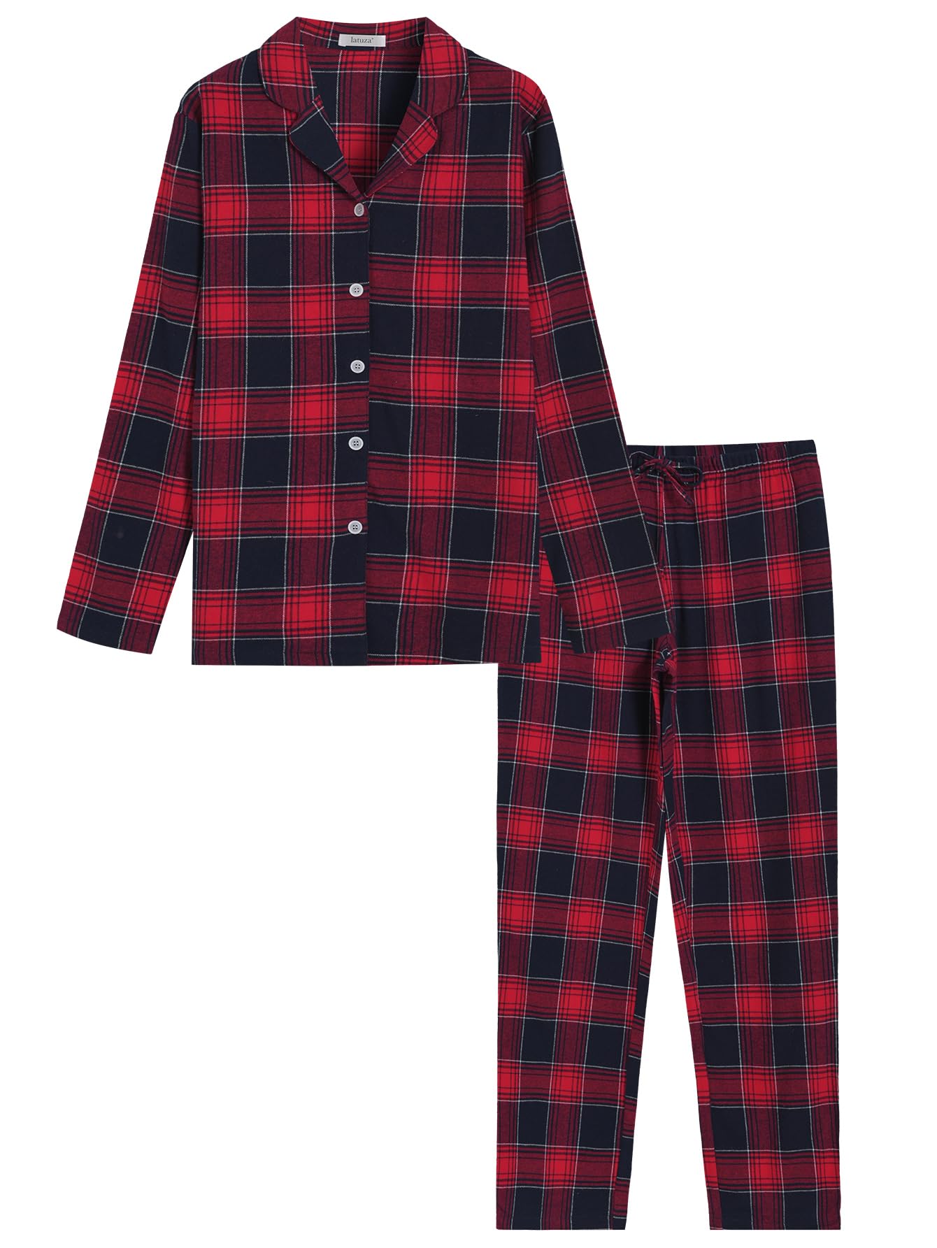 Latuza Women's Tall Flannel Pajama Set Extra Long Button Up Top Pants Pj Set L Red Plaid
