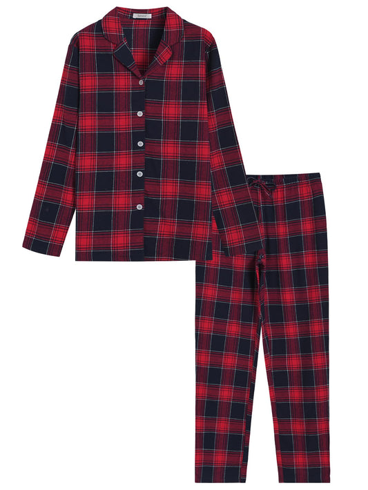 Latuza Women's Tall Flannel Pajama Set Extra Long Button Up Top Pants Pj Set L Red Plaid