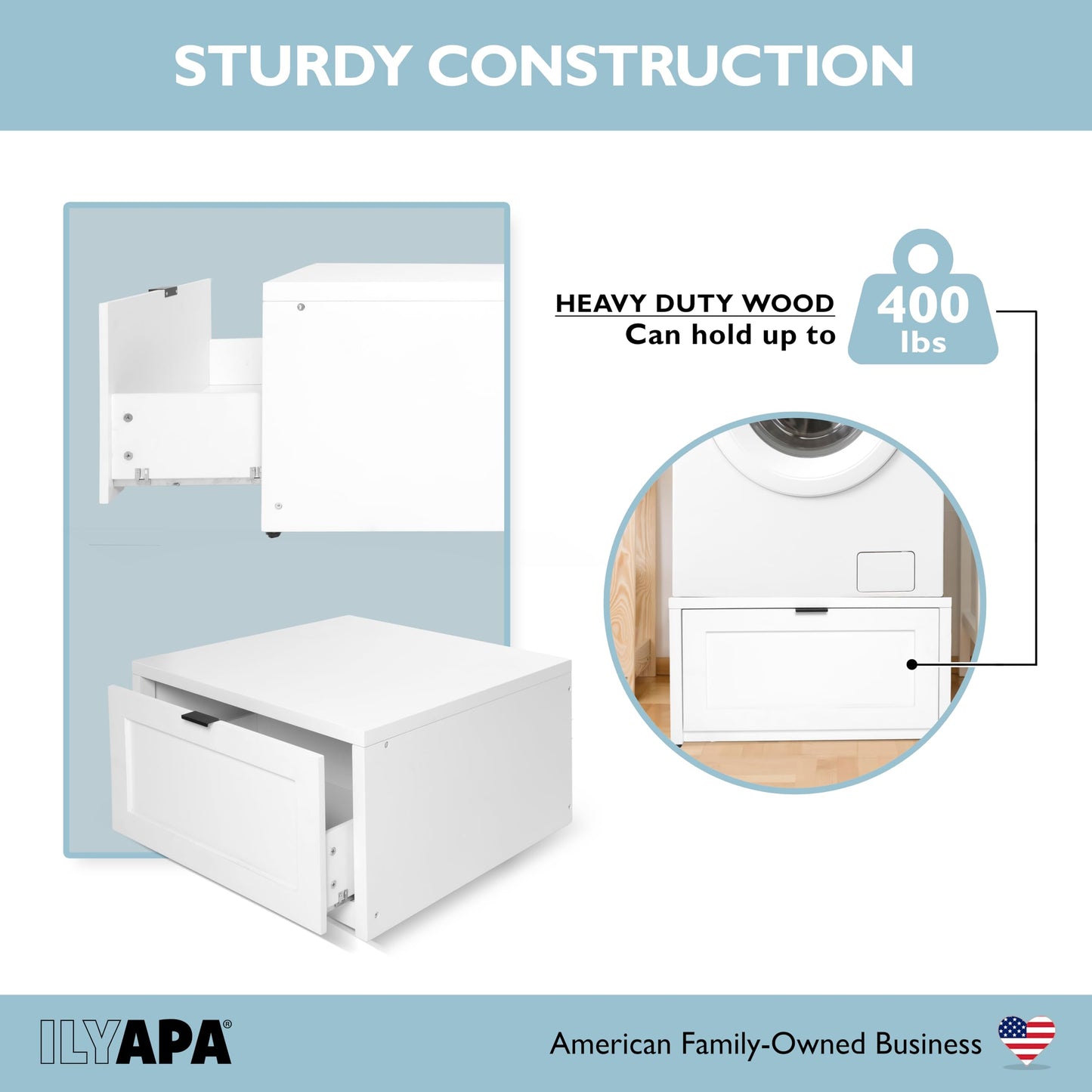 Ilyapa Washer and Dryer Stand - Universal Wooden Laundry Pedestal with Drawer - Compatible with Samsung, LG, GE, Maytag - 28x28x16 in. Patent Pending