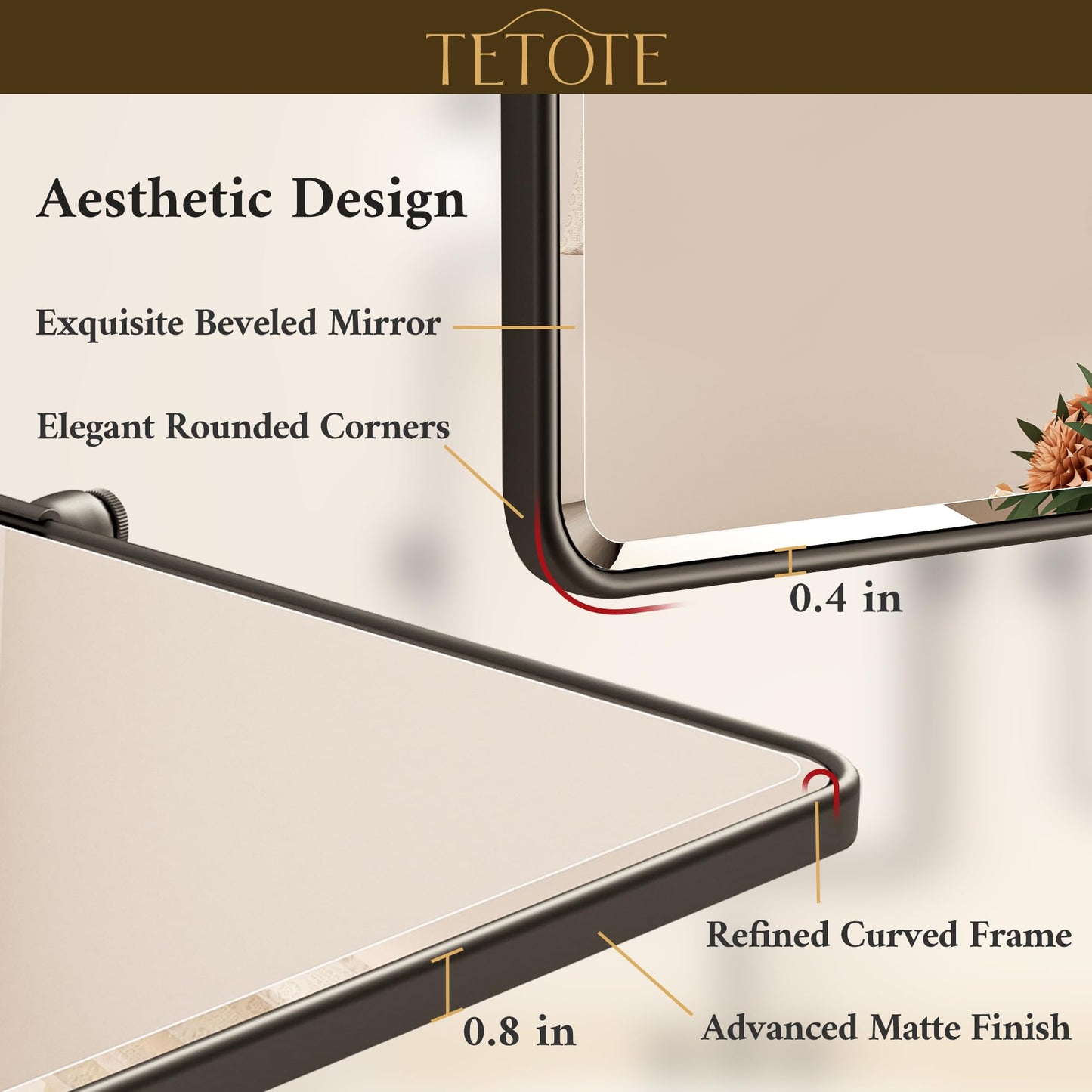 Up-titling Mirror for Bathroom - Metal Framed, Modern Farmhouse Beveled Rounded Corner