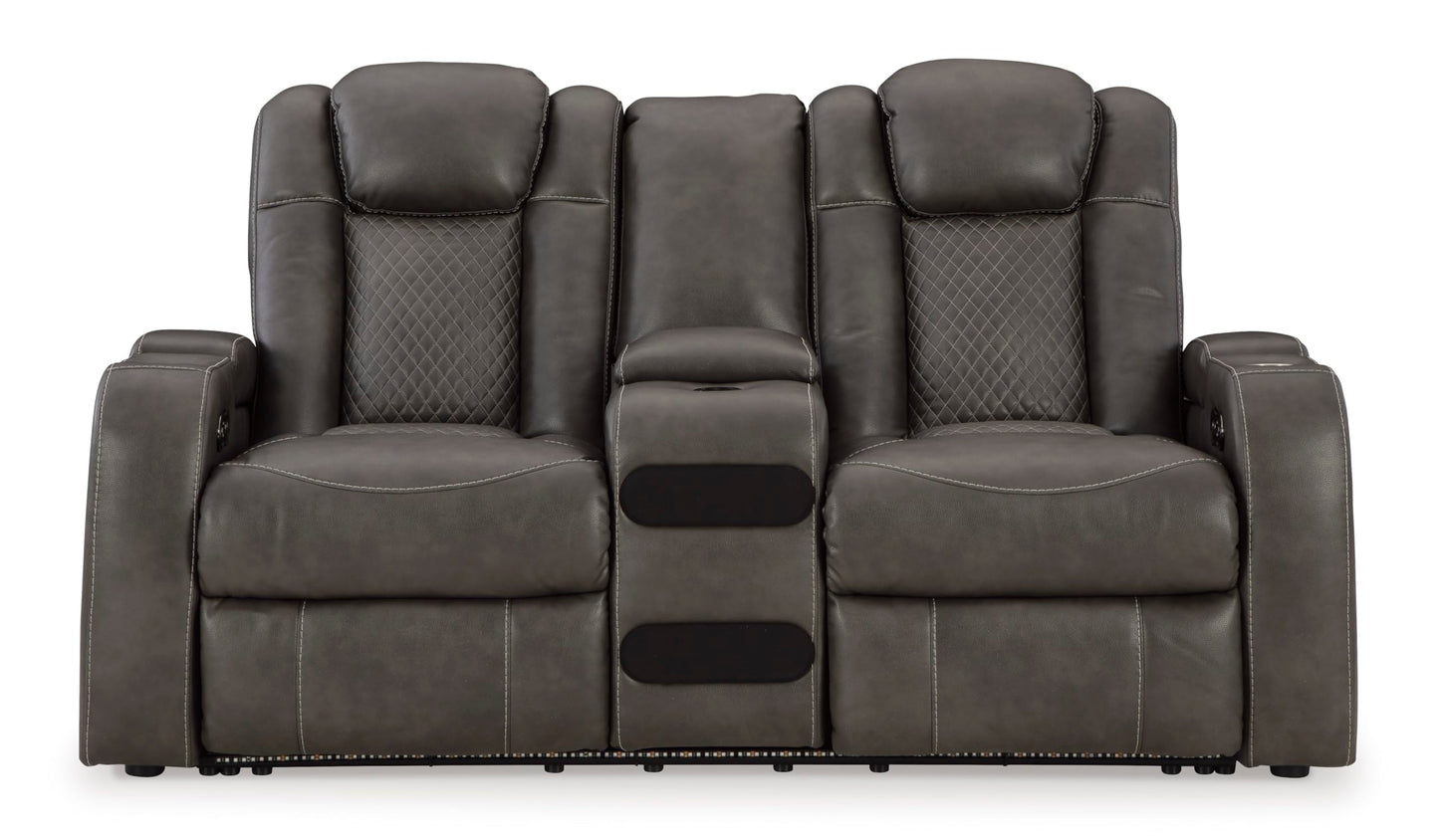 Signature Design by Ashley Fyne-Dyme Contemporary Power Reclining Loveseat with Console, USB Charging Ports and Adjustable Headrest, Gray