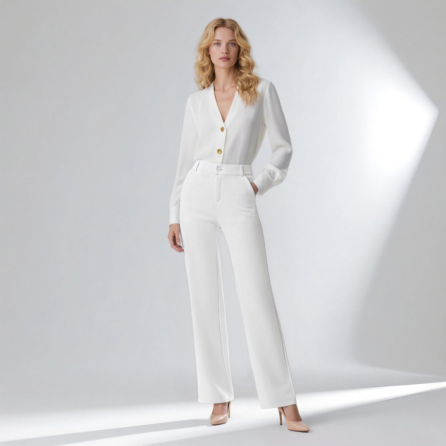 iChosy Womens High Waist Wide Straight Leg Trousers Casual Slacks Dress Pants with Pockets White 14 Tall