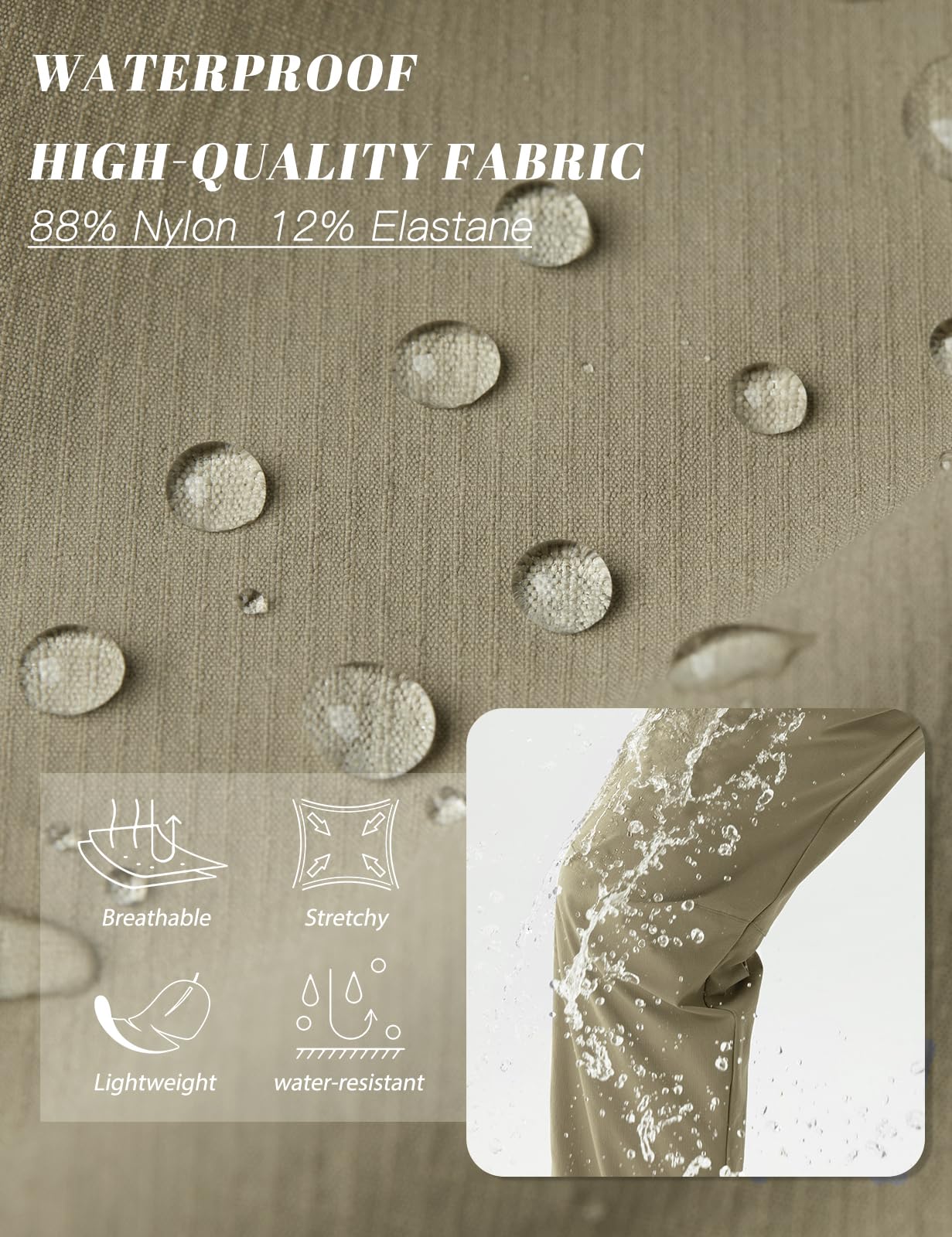 SEVEGO Womens Hiking Pants Tall Inseam 34" Athletic Cargo Pants Lightweight 4 Zipper Pockets Water Resistant Elastic Waist, Khaki, L