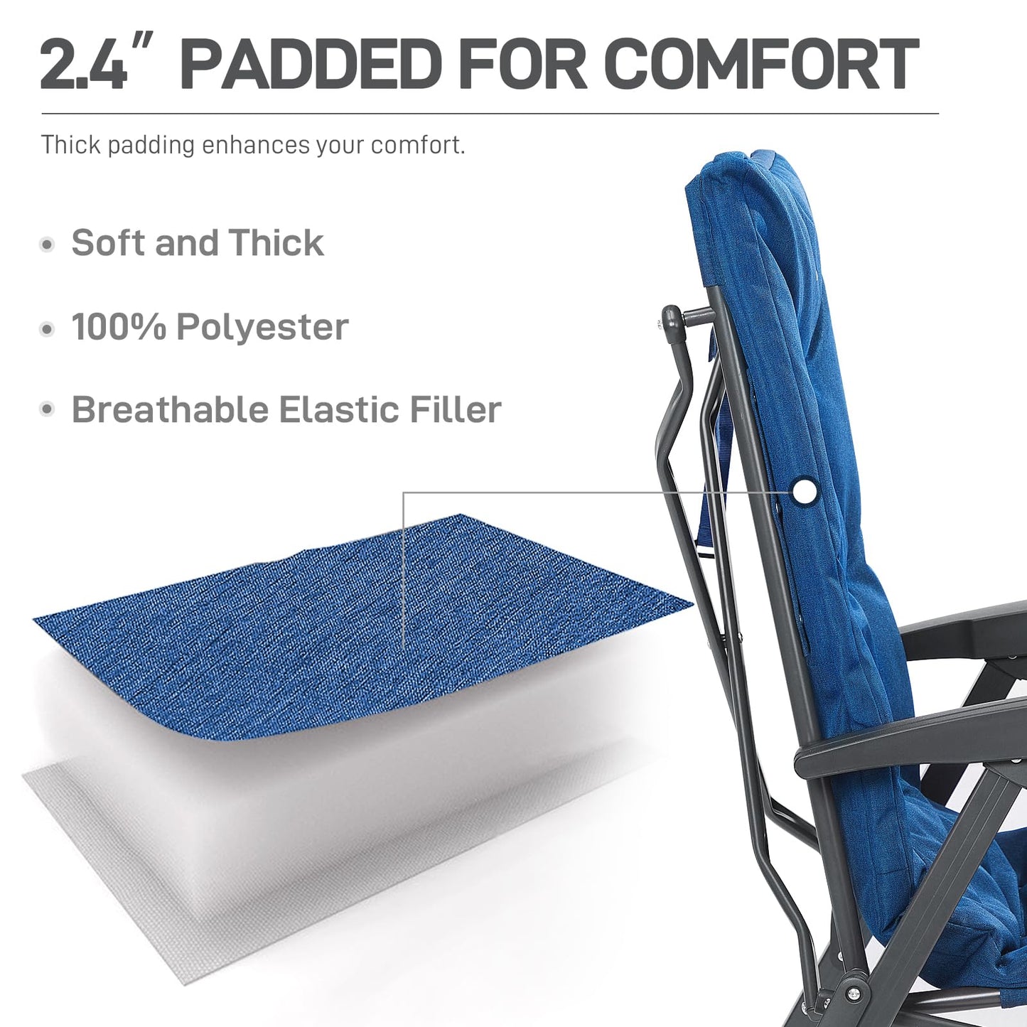 EVER ADVANCED Folding Padded Camping Chair 4 Positon Adjustable Recliner with High Back Support Portable for Adults, 300lbs Weight Capacity, Blue