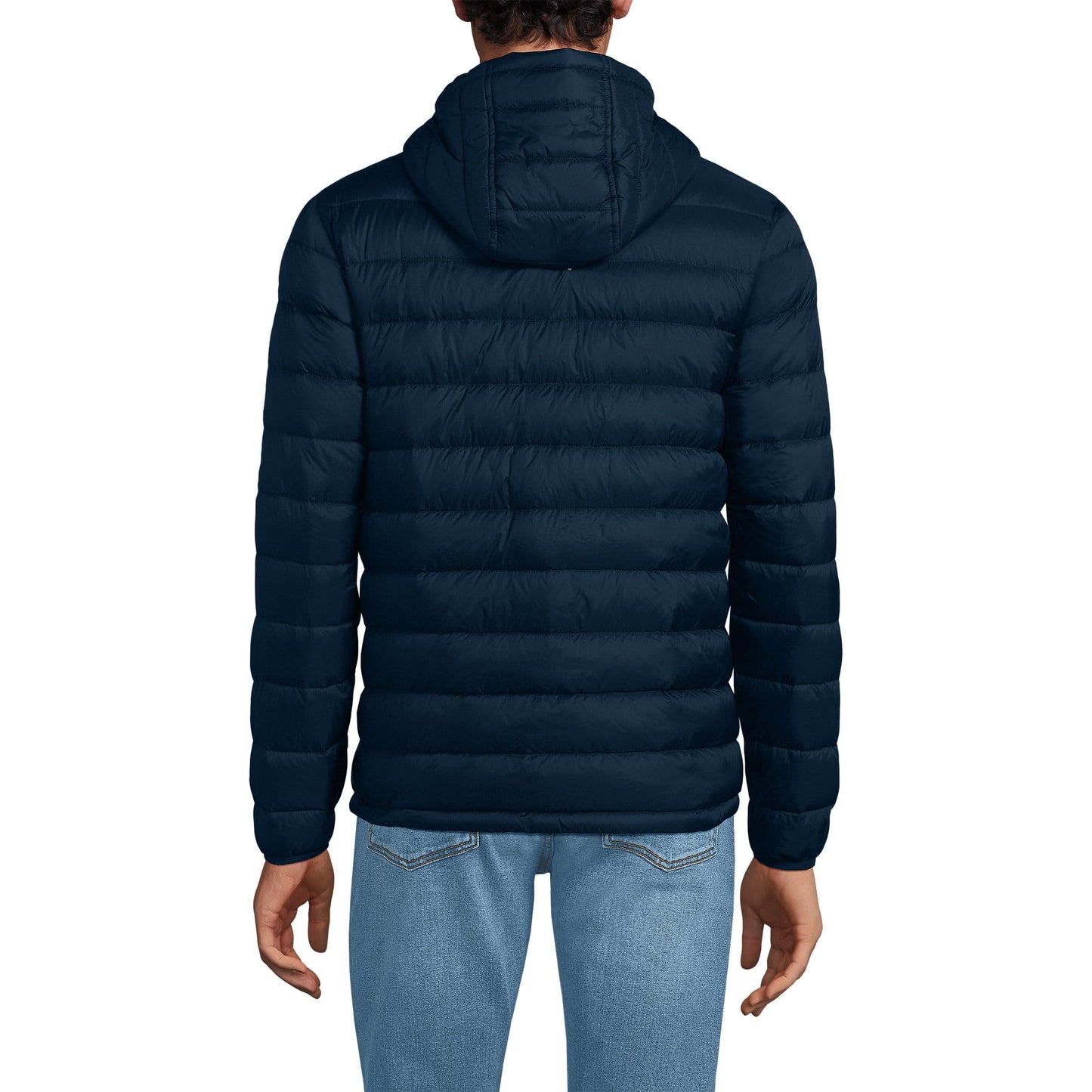 Lands' End Mens Hooded Wanderweight Down Jacket Radiant Navy Tall Medium