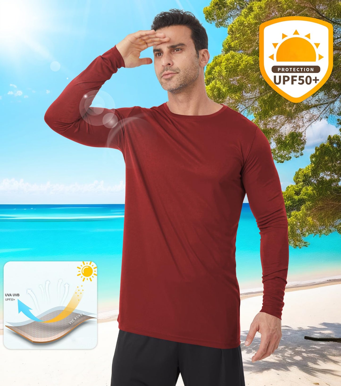 Men's Tall Rash Guard Long Sleeve T Shirts - UPF 50+ Sun Protection Tee Shirt for Fishing, Swim, Hiking Wine