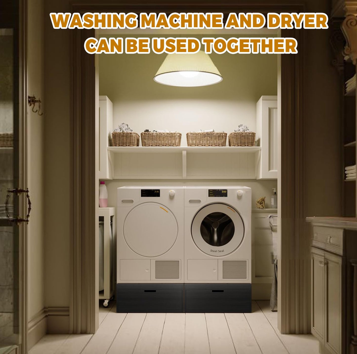 LYASIL Laundry Pedestal Heavy Duty Wood Washer Dryer Pedestal 28" Universal Fit Anti-Vibration Washing Machine Stand,770 LBS Capacity (Deep Black)