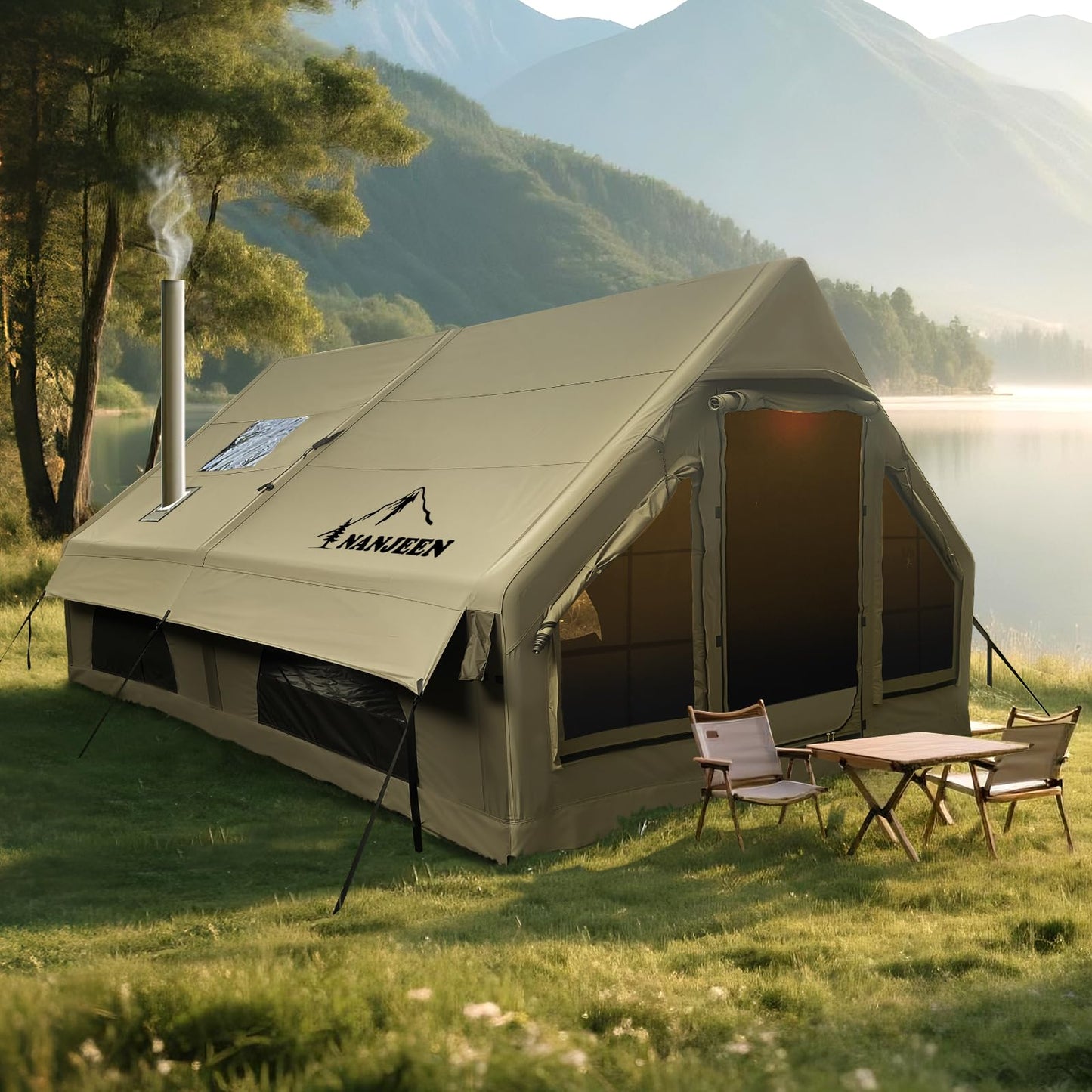 NANJEEN™ | Large Luxury Inflatable Camping Tent,Wind & Rain Resistant,12㎡ Interior,2-4-6-8-10 Person Shelter,8 Minutes Fast Setup with Hand Pump,Chimney Port, Dual Doors,Mosquito-Proof Mesh Windows