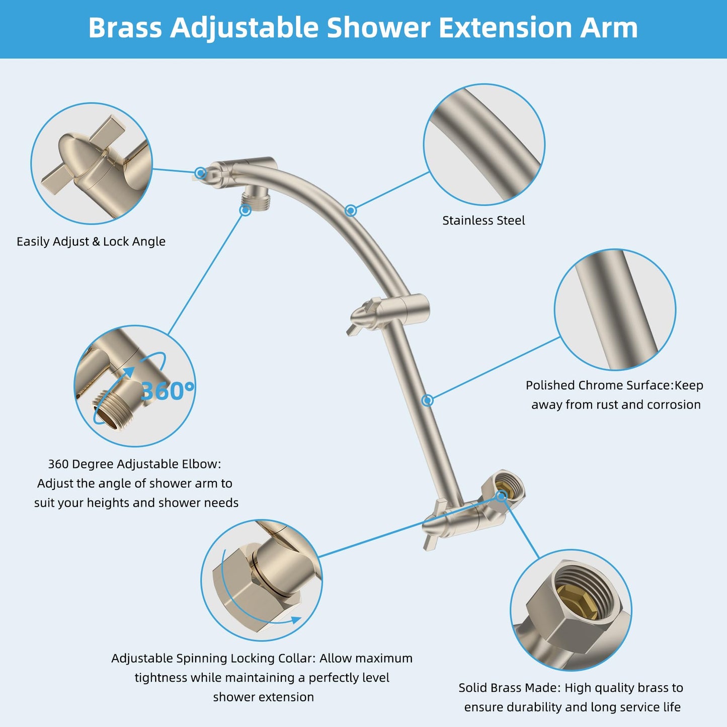 Hibbent Shower Head Extension Arm,16" Solid Brass Adjustable Extender with Lock Joint, Standard 1/2", Rise or Lower Rainfall and Fixed Shower Head,Height/Angle Adjustable Extension Arm, Brushed Nickel