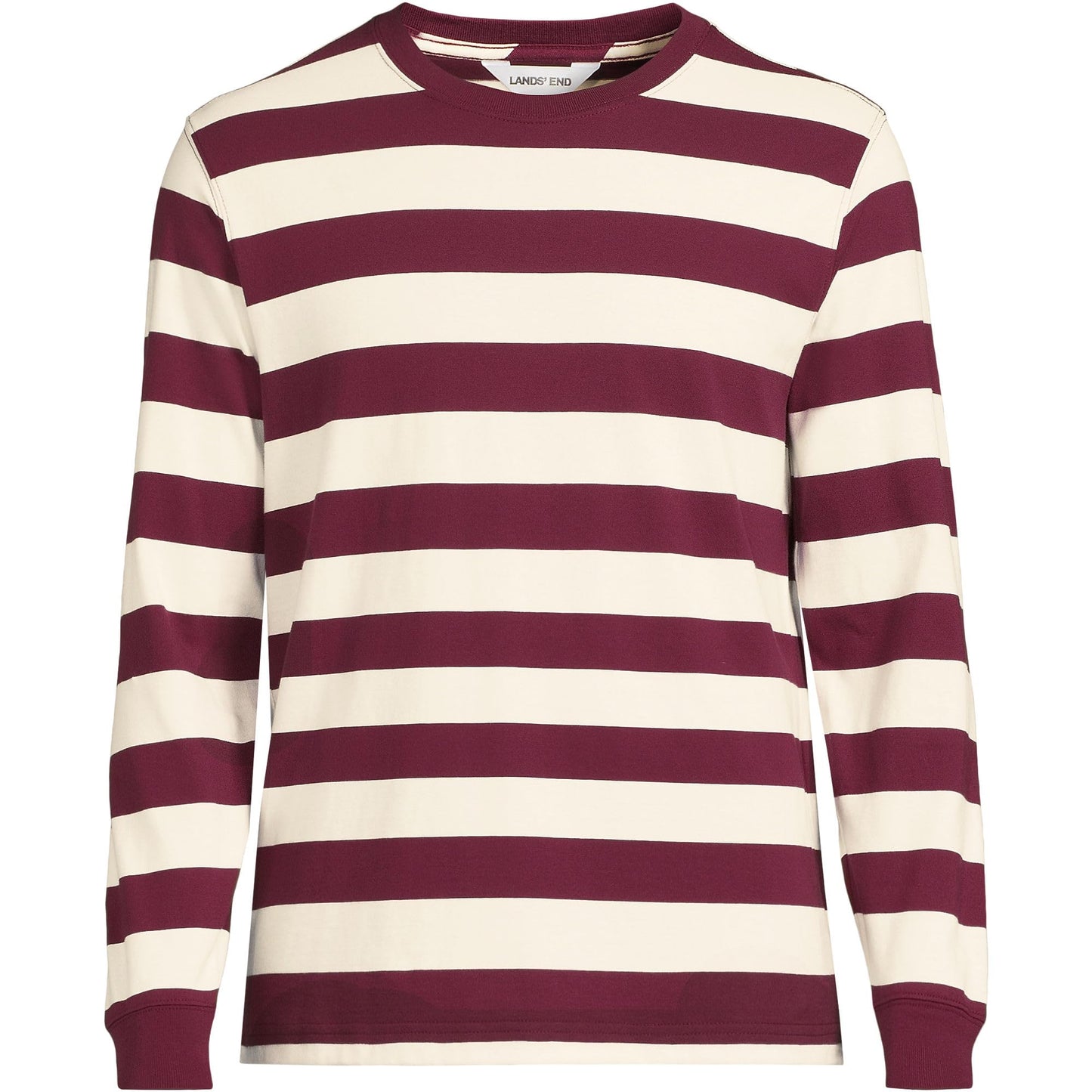 Lands' End Mens Long Sleeve Super-T Tee Burgundy/Ivory Even Stripe Tall Medium