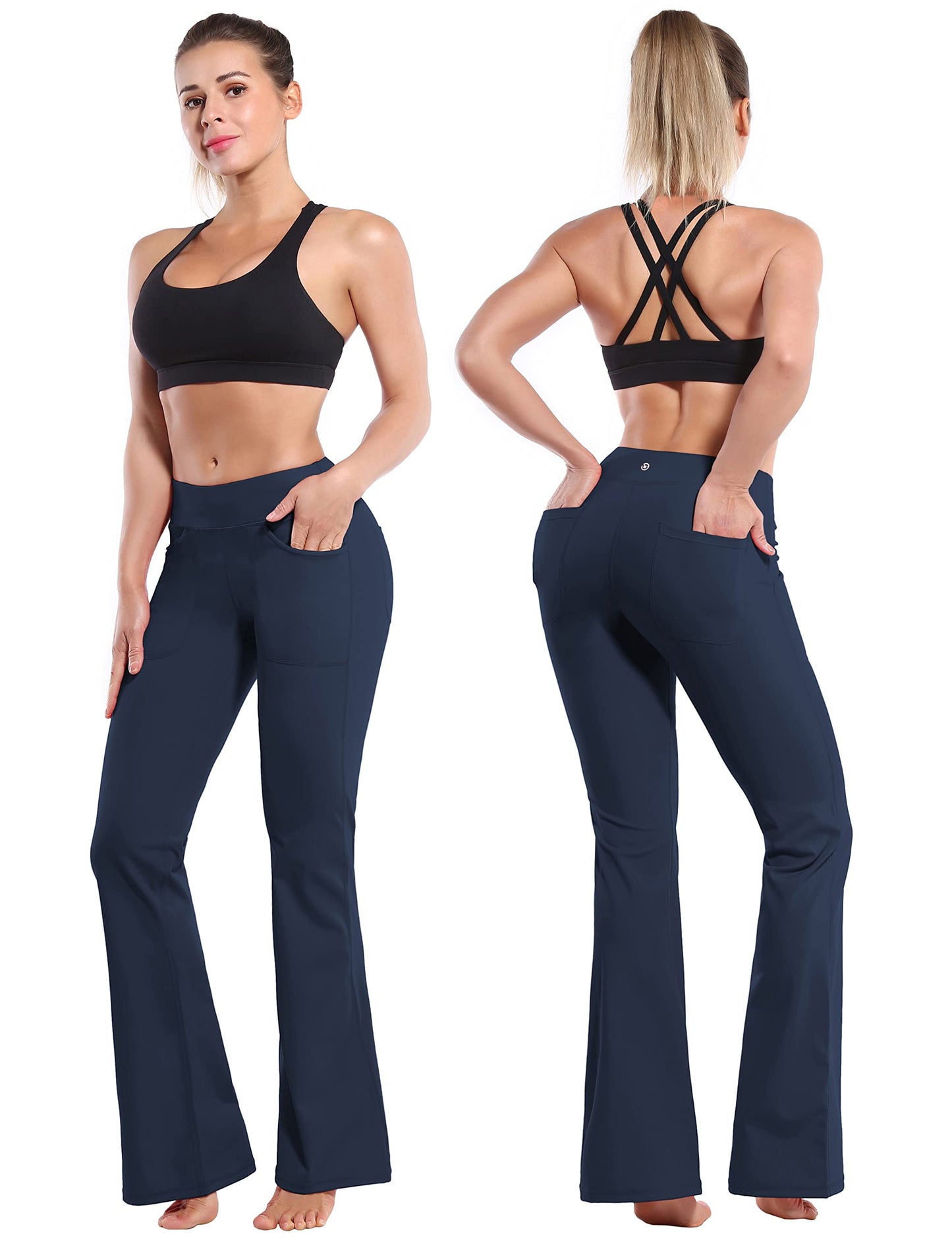 BUBBLELIME 29"/31"/33"/35" 4 Styles Women's High Waist Bootcut Yoga Pants - Out Pockets_DARKNAVY L-35 Inseam