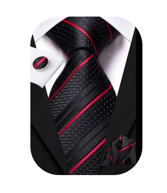 Hi-Tie Black and Red Ties for Men Silk 70''Extra long Mens Ties Set and Pocket Square Cufflinks Dress Necktie for Wedding