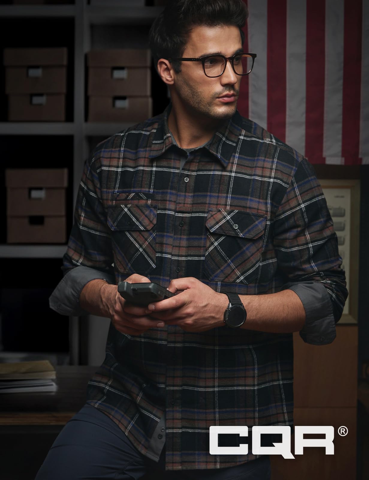 CQR Men's Flannel Button Down Shirts, Soft Cotton Plaid Long Sleeve Tactical Work Shirt, Warm Outdoor Essential with Pocket, Stealth Coal Miner, Large Tall