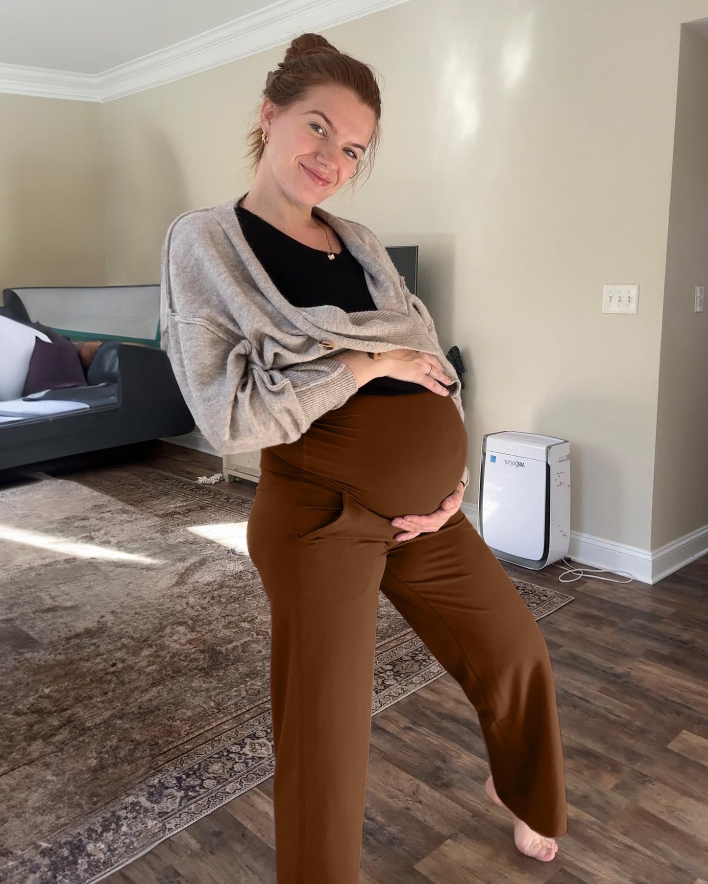 G4Free Maternity Leggings Over The Belly with Pockets Soft Wide Leg Pregnancy Yoga Pants for Casual Athletic Workout (Dark Coffee,L,32")