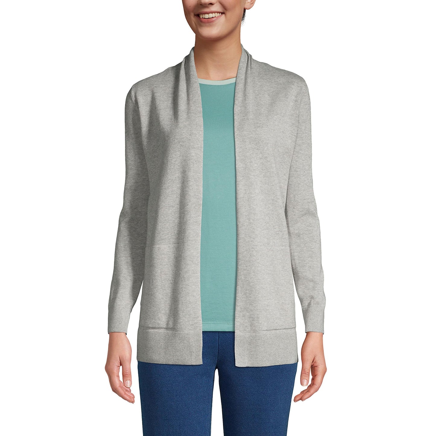 Lands' End Womens Cotton Long Sleeve Open Cardigan Sweater Gray Heather Tall X-Large