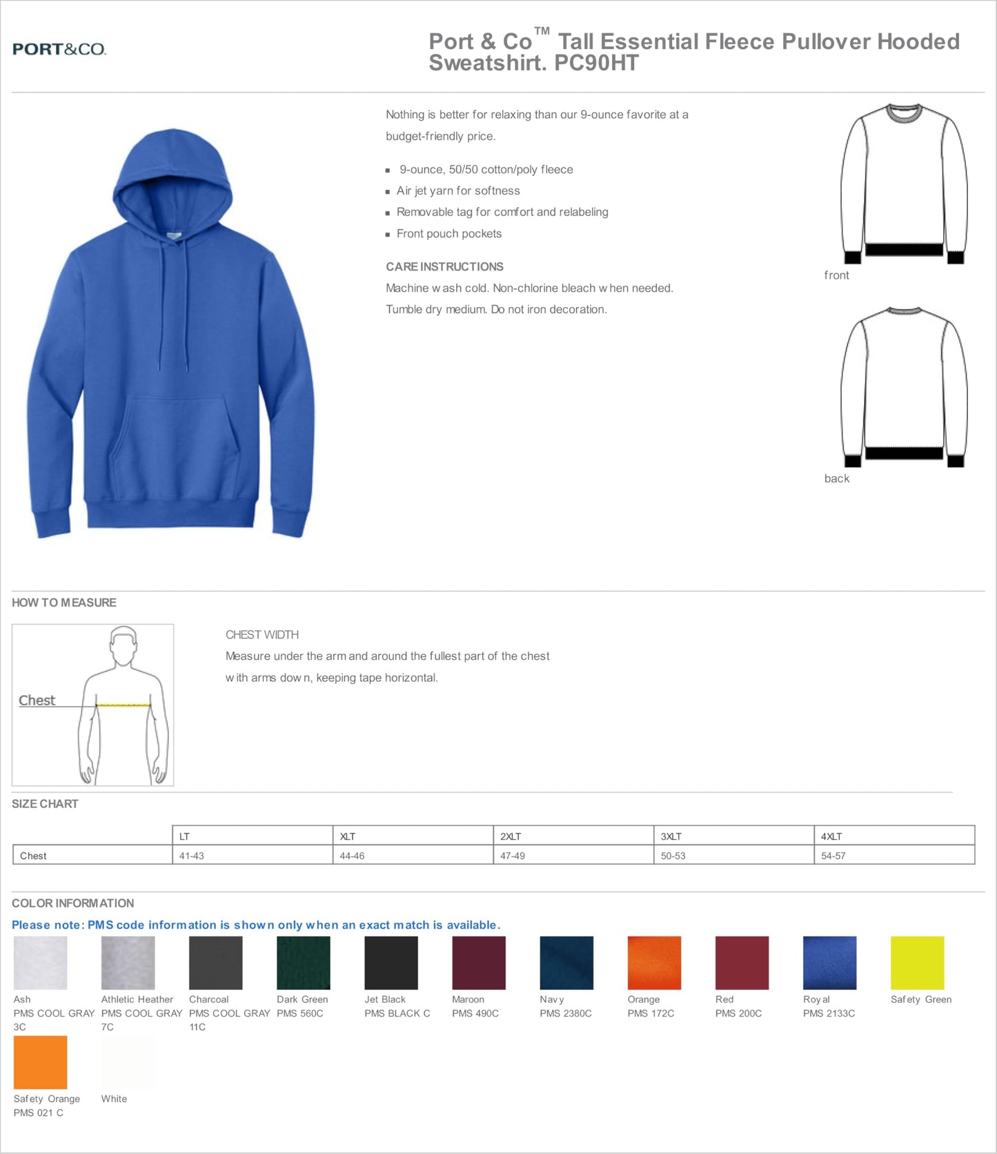 Port & Co TALL Essential Fleece Pullover Hooded Sweatshirt-PC90HT-LT-Athletic Heather