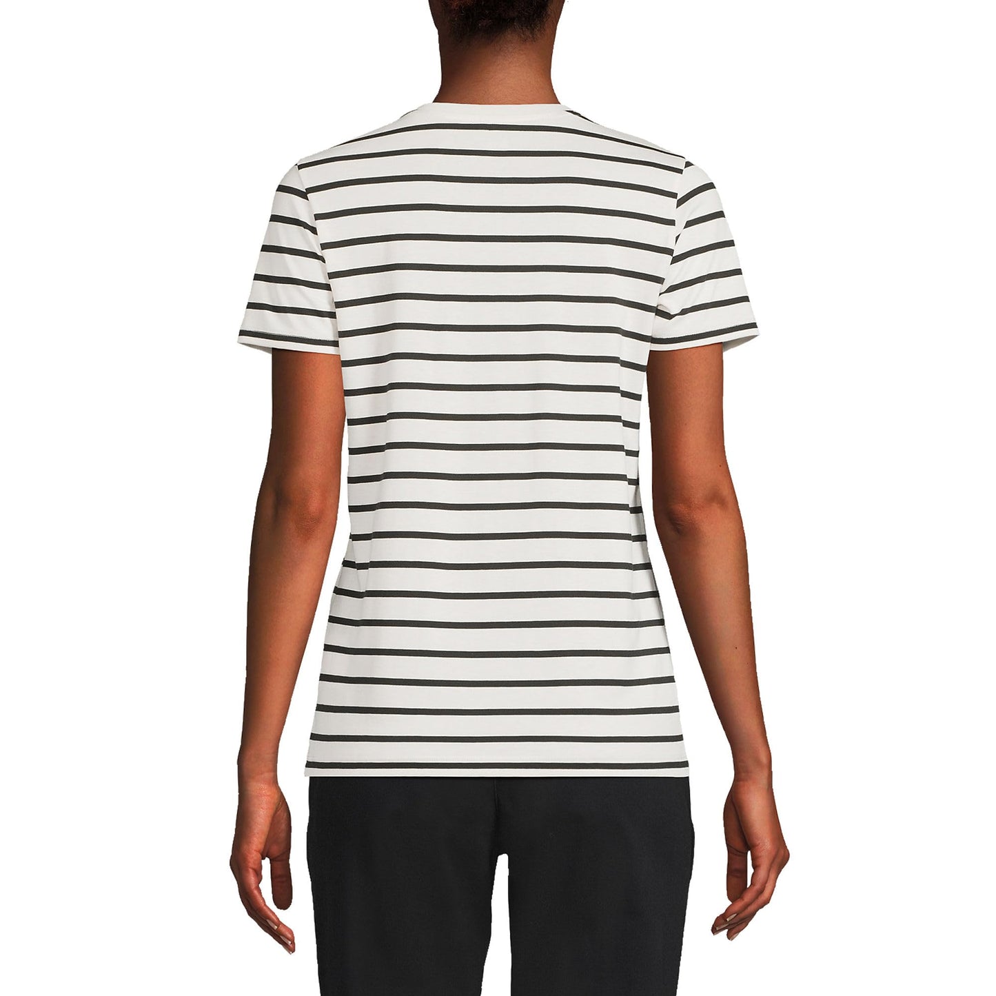 Lands' End Womens Short Sleeve Relaxed Supima Cotton Crew Neck T Shirt Ivory/Black Breton Stripe Tall Large