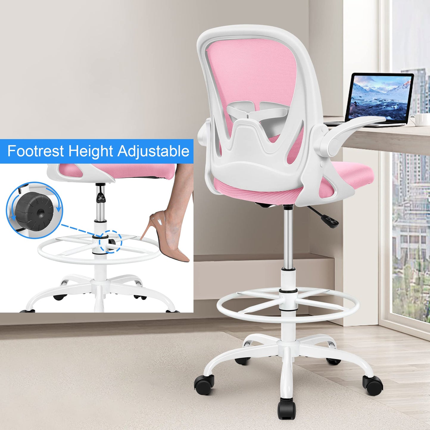 Primy Drafting Chair Tall Office Chair with Flip-up Armrests Executive Ergonomic Computer Standing Desk Chair with Lumbar Support and Adjustable Footrest Ring (Pink)