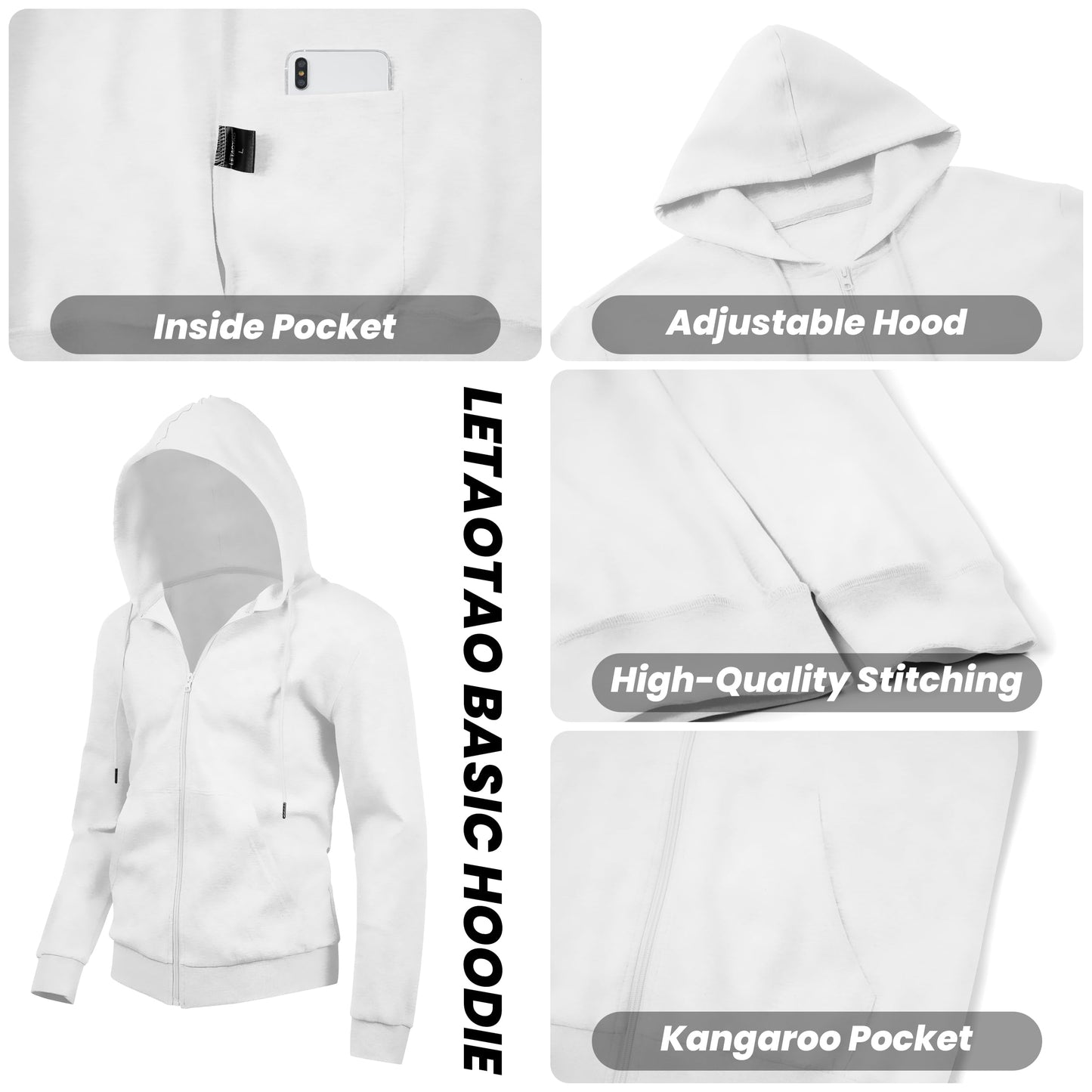 LETAOTAO Lightweight Hoodie Men Zip Up Hooded Sweatshirt Thin Slim Fit Jacket Available in Regular & Tall Sizes（White，Tall-2XL）