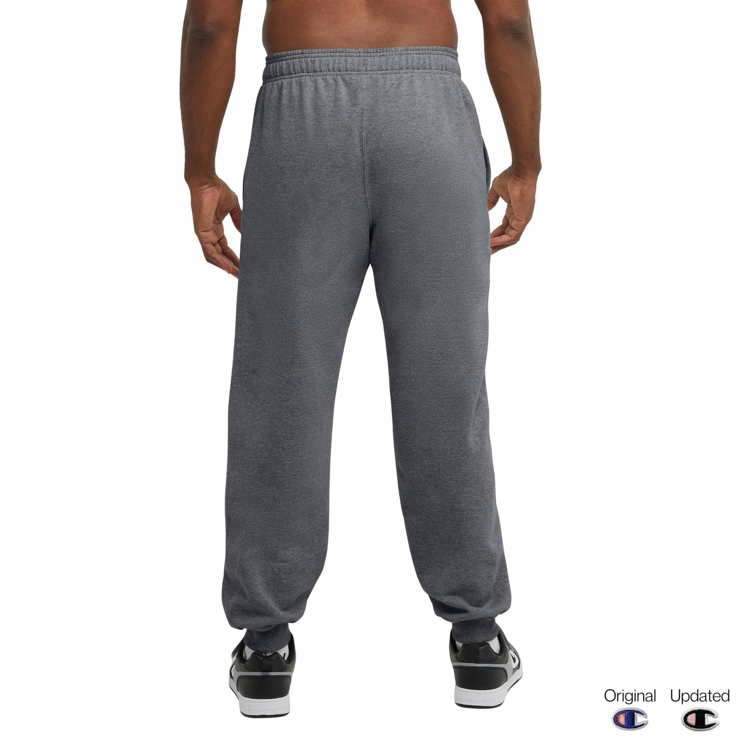 Champion Men's Fleece Joggers, Sweatpants, Standard Fit, Midweight, Script, Available in Regular and Big, Granite Heather-C Patch Logo, Large Tall