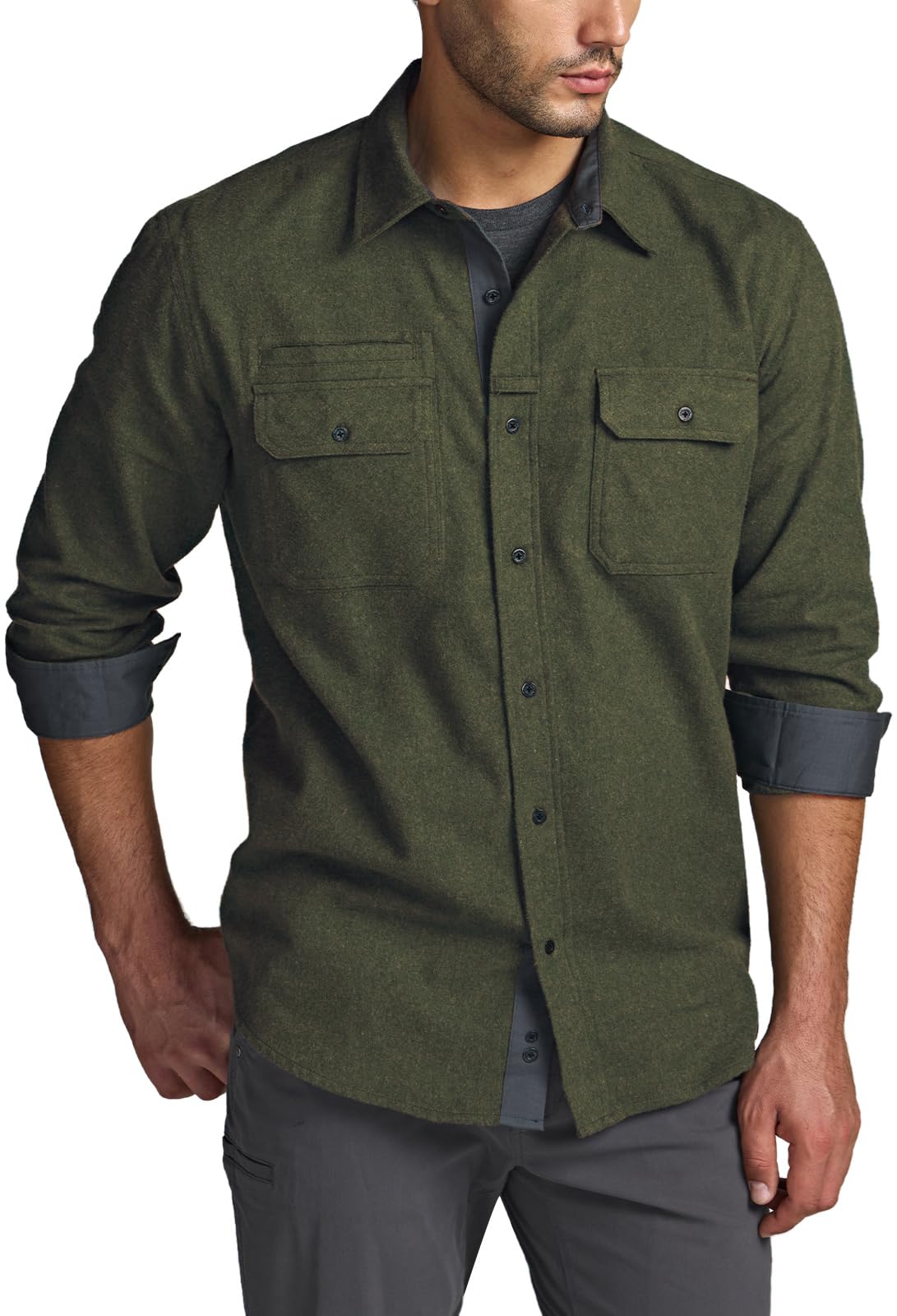 CQR Men's Flannel Button Down Shirts, Soft Cotton Plaid Long Sleeve Tactical Work Shirt, Warm Outdoor Essential with Pocket, Stealth Hunter Green, X-Large Tall