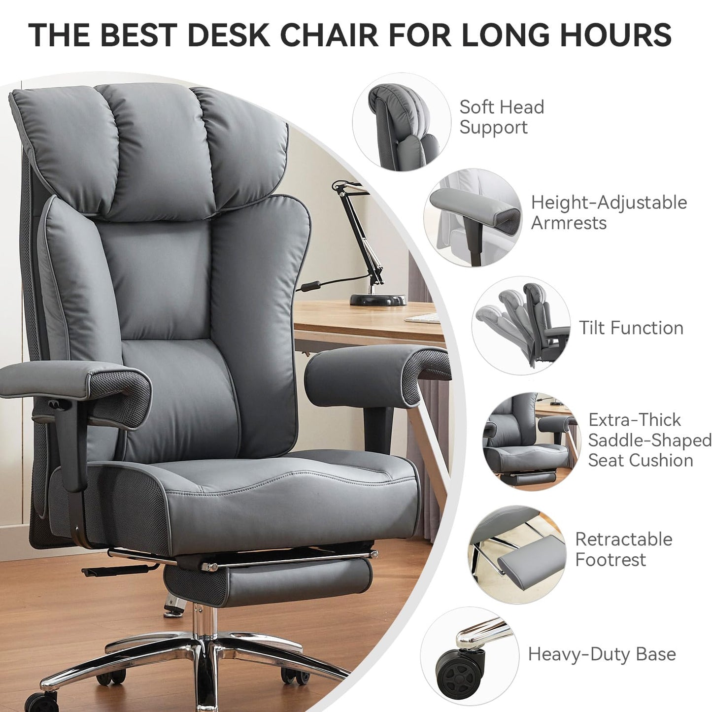 Efomao Big and Tall Office Chair 450LBS with Foot Rest, High Back PU Leather Executive Chair with Adjustable Padded Armrests, Lumbar Support for Home or Work, Heavy Duty Computer Chair, Grey