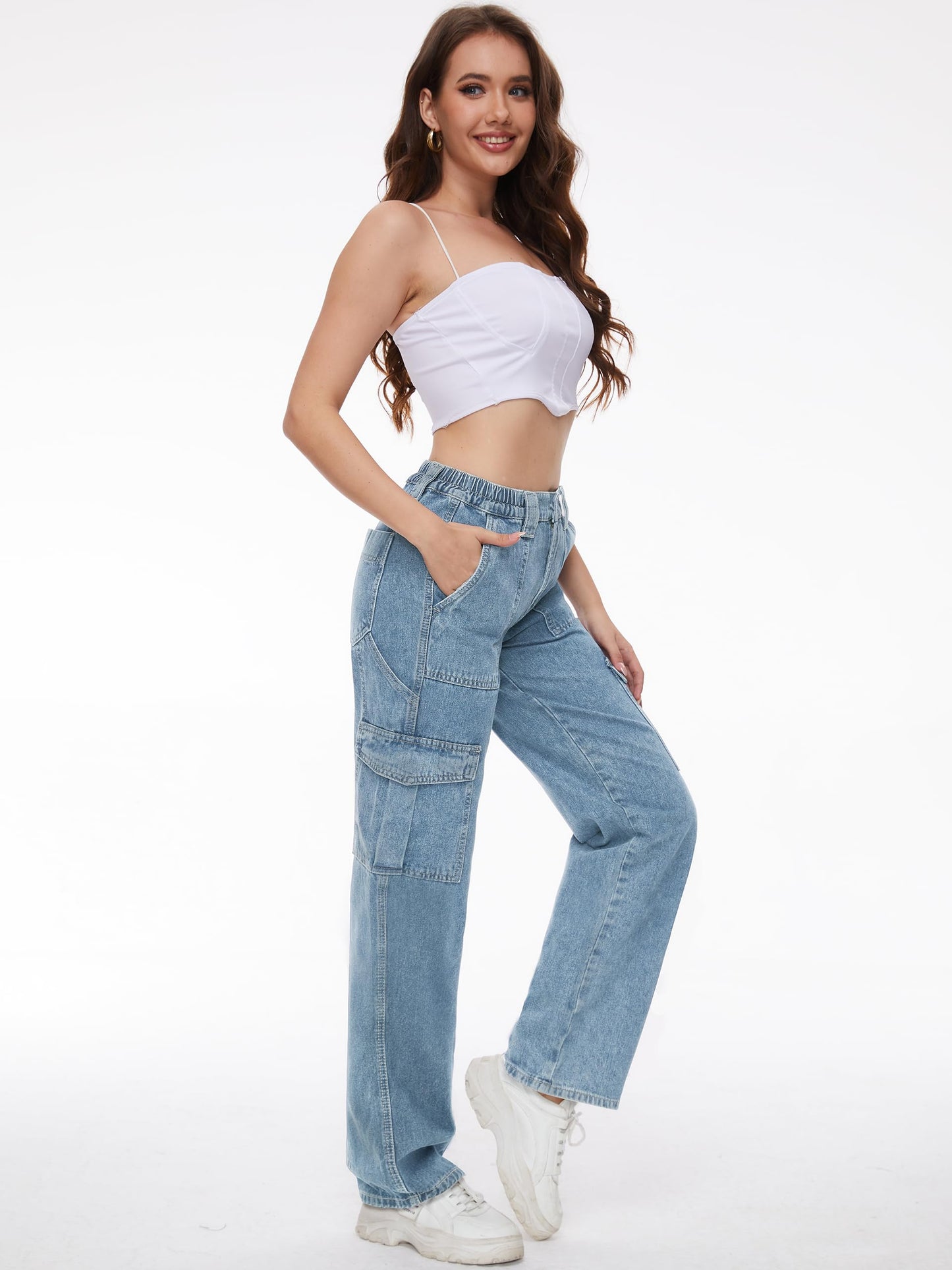 Tapata Women's 26"/28"/30"/32"/34" Cargo Jeans Straight Leg Short Petite Regular Tall Denim Y2K Pants Light Blue, XS