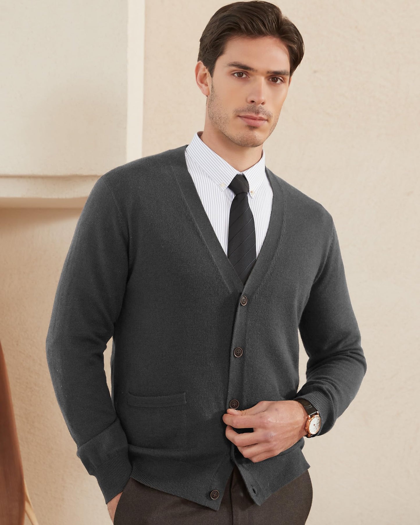 Kallspin Men's Tall Cardigan Sweaters Wool Blend V Neck Button Down Sweaters with Pockets(Charcoal, 3XL-Tall)