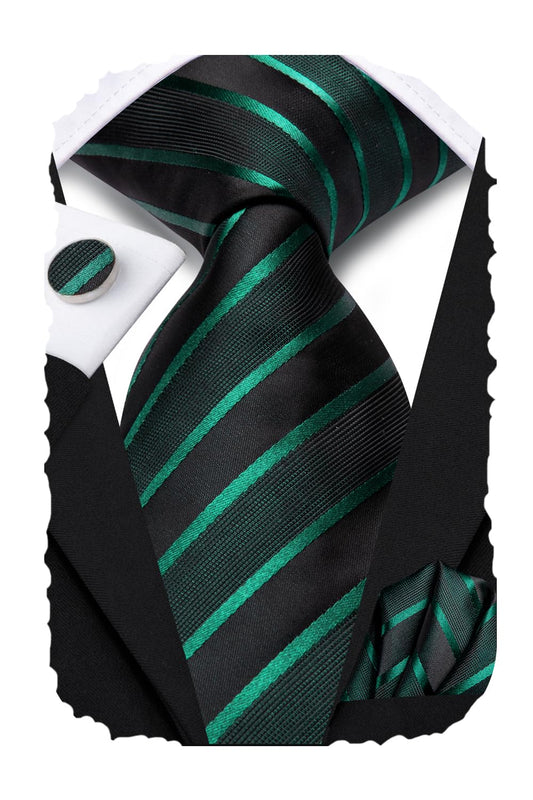 Hi-Tie Black Tie Emerald Green Tie Silk Extra Long 70'' Men's Ties Set Striped Dress Necktie and Pocket Square Cufflinks