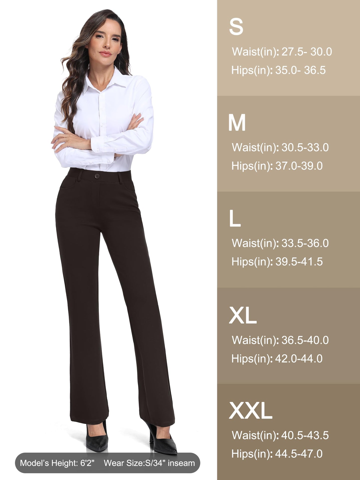 Tallemon Tall Womens Extra Long 38" Inseam Flared Dress Pants with Pockets Stretchy Work Utility Formal Slack, Brown, M