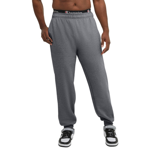 Champion Men's Fleece Joggers, Sweatpants, Standard Fit, Midweight, Script, Available in Regular and Big, Granite Heather-C Patch Logo, Large Tall