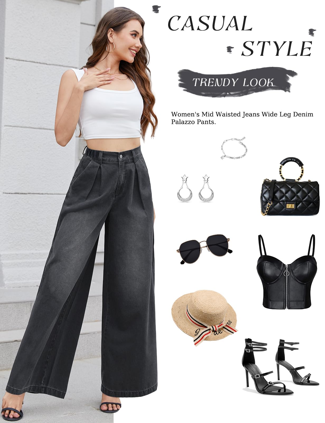 Tapata Women's 33" Inseam Tall Wide Leg Jeans High Waisted Baggy Denim Pants Palazzo Trousers, Black, XXL
